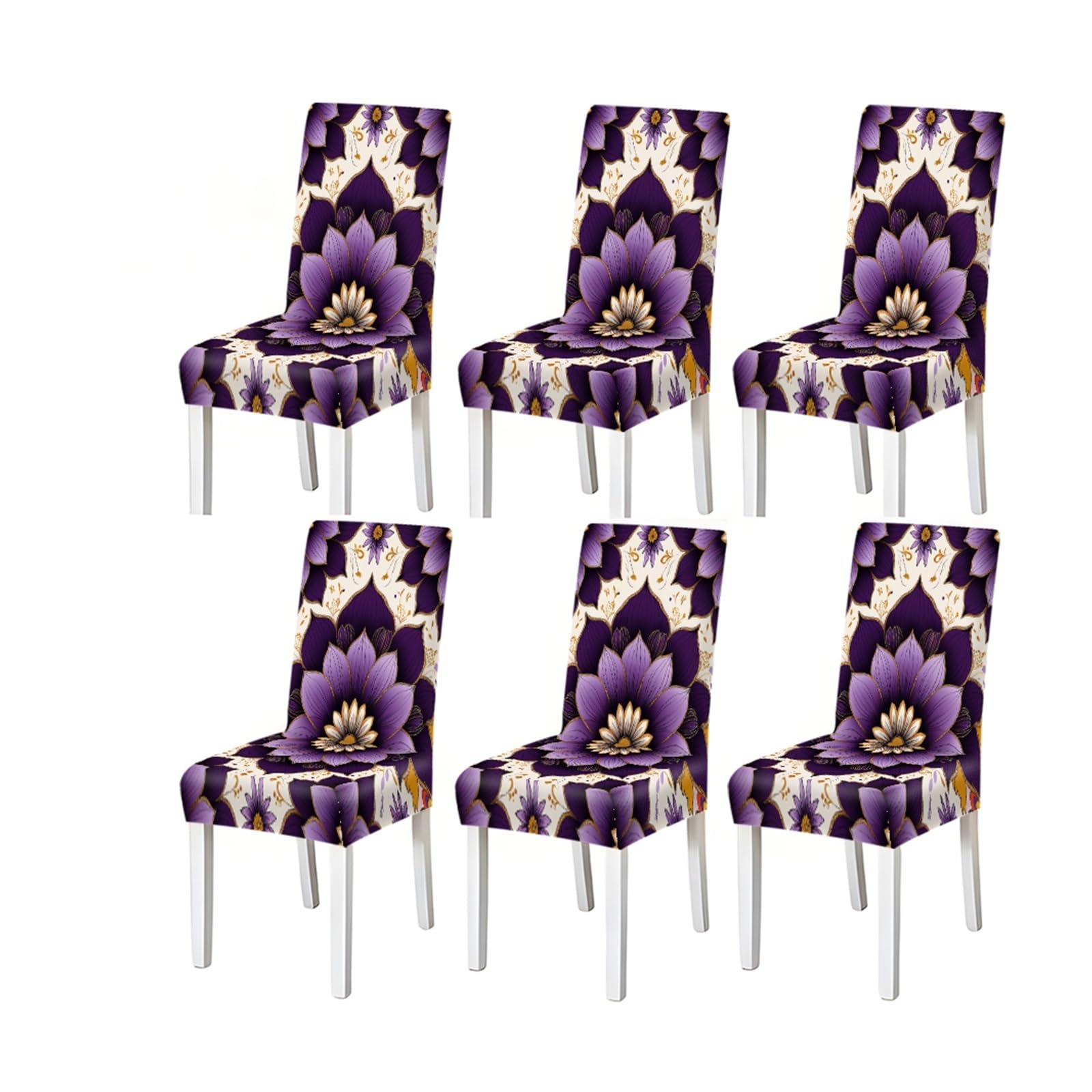 BOSUYBN Purple Gold Boho Floral Pattern Print Dining Chair Covers Set Of 2/4/6, Stretch Slipcovers For Kitchen Dining Room Furniture Protectors for Home Dining Room(6PCSChair cover)