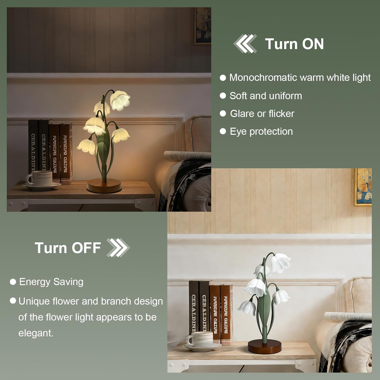 Flower Table Lamp for Bedroom, Cute Reading Light with 5 White Tulip Flower of The Valley, Desk Lamp Bedside Lamps for Nightstands Home Decor, Soft Reading Night Light for Bedroom Living Room Office