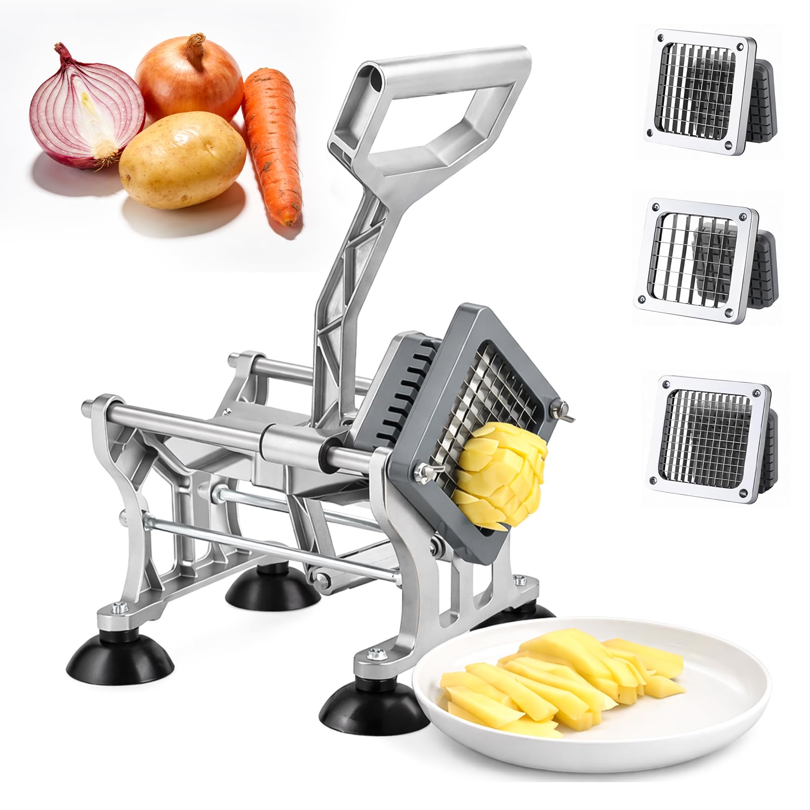 Pommesschneider, Professionell Kartoffelschneider mit 6mm, 9mm, 13mm Klingen aus Edelstahl, Pommes Frites Schneider Manuell mit Saugnapfbasis, Geeignet für Kartoffel Karotte Gurke Zwiebel