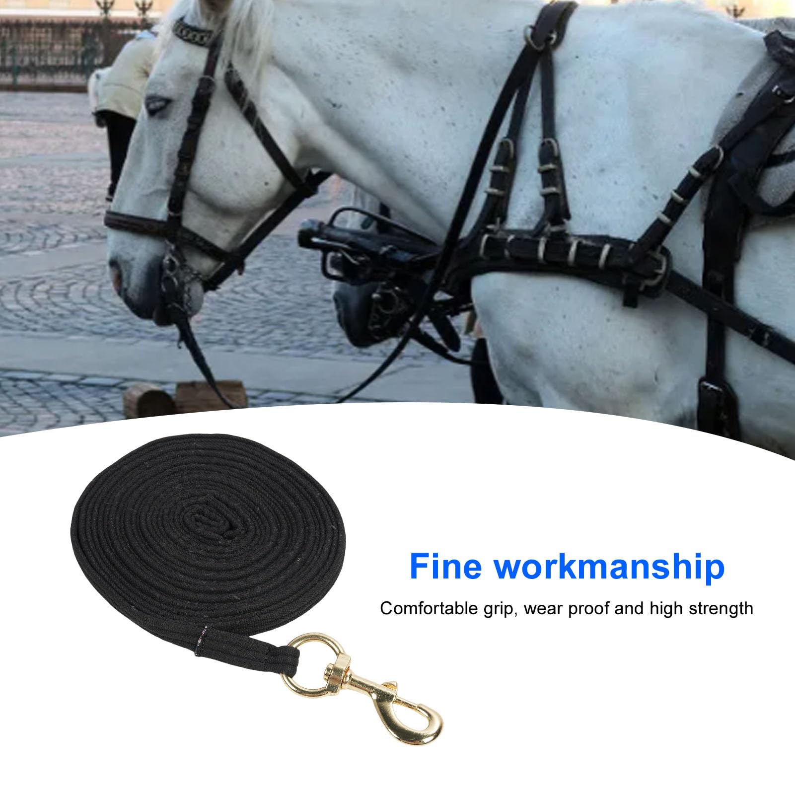 Corda lunga da allenamento per cavalli, resistente e confortevole, per lenza di controllo equestre, ideale per prestazioni (nero)