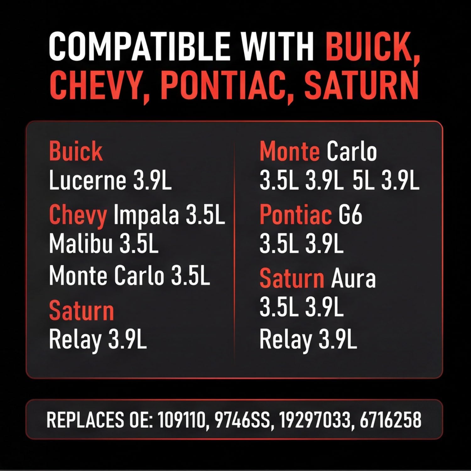 Spark Plug Wire Set 109110 Compatible with Buick Lucerne Chevy Impala Malibu Monte Carlo Pontiac G6 Saturn Aura Relay Replaces 9746SS 19297033 6716258 (Set of 6)