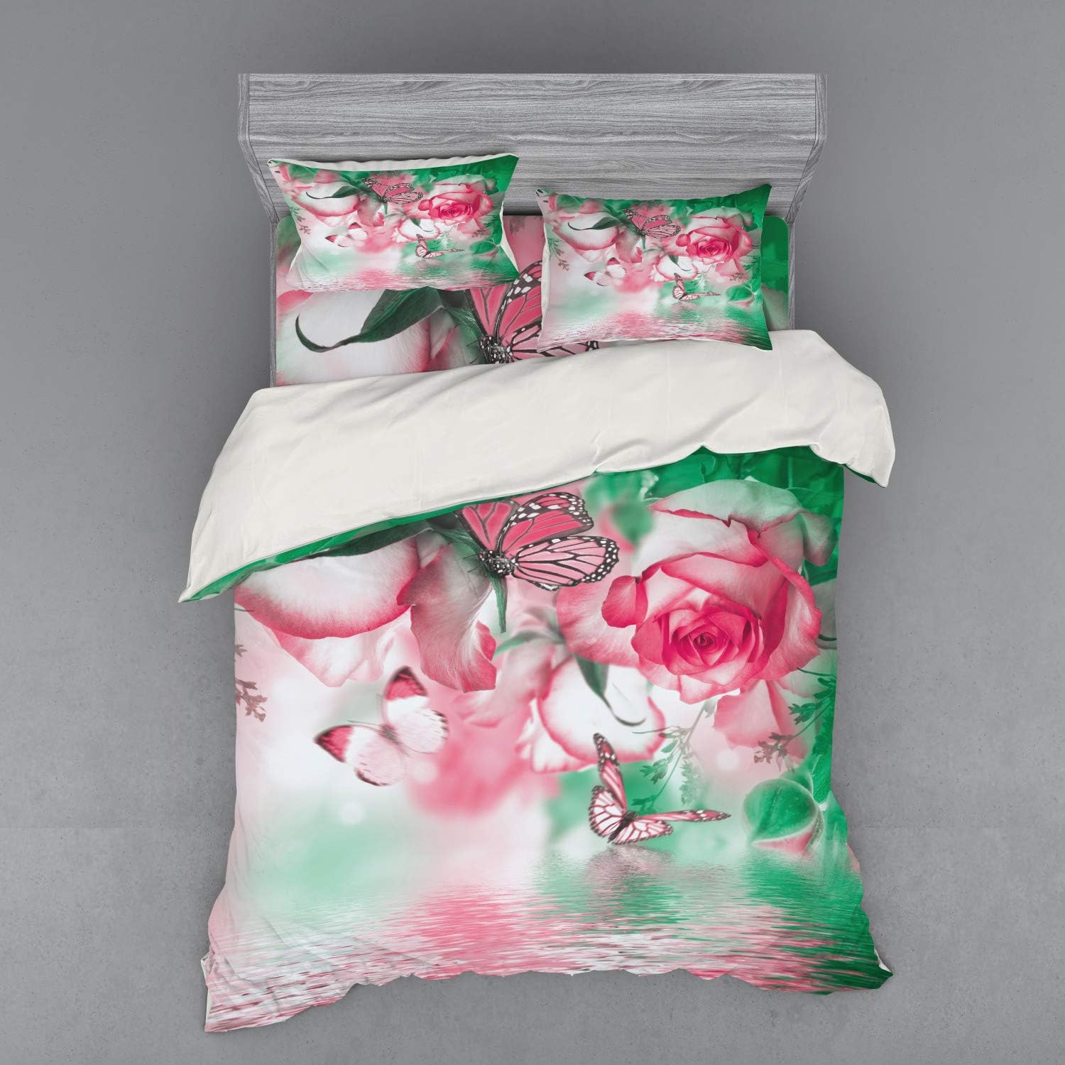 Ambesonne Spring Duvet Cover Set, Refreshing Rose Petals and Butterfly Water Romance Beauty Bouquet Design, 4 Piece Bedding Set with Shams and Fitted Sheet, Queen Size, Jade Green Pale Pink