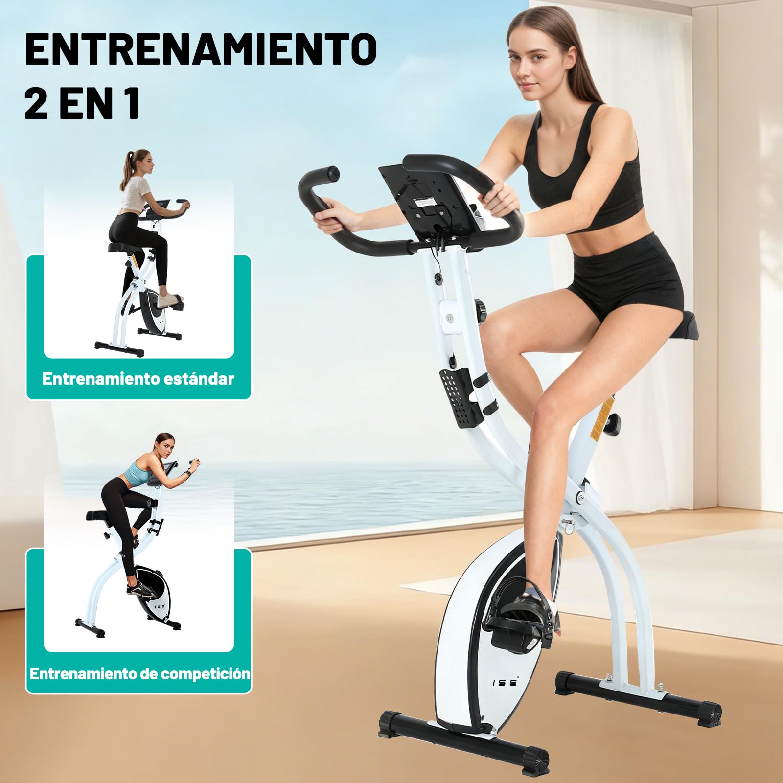 ISE Bicicleta estática plegable Cardio Training Fitness 8 niveles de resistencia magnética pantalla LCD Entrenamiento con sensor de frecuencia cardiaca, SY-810L