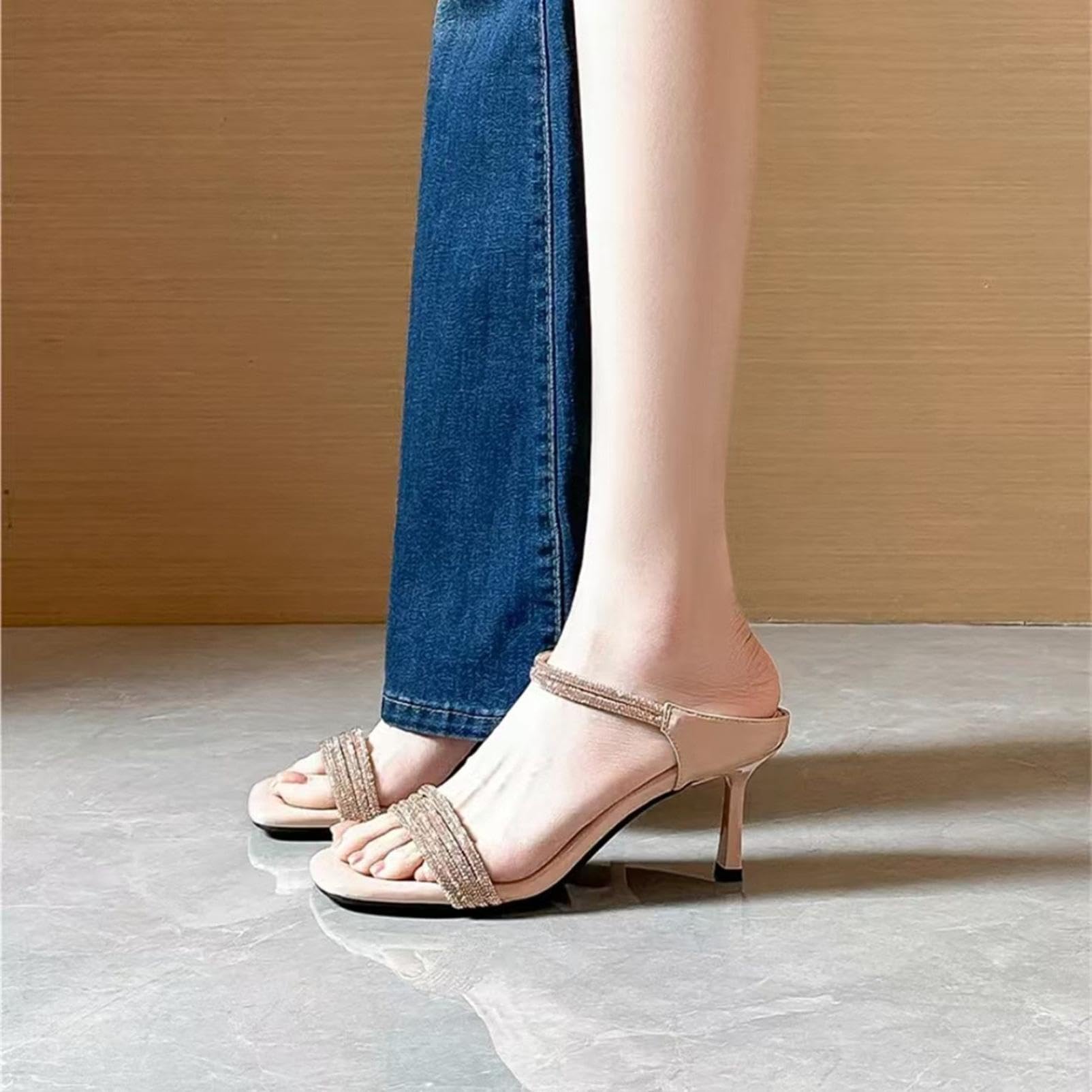 Generico Sabot da Donna A Punta Quadrata con Tacco A Spillo Sandali Alti | Sabot Tacco A Spillo Punta Quadra Doppio Cinturino Strass Sandali Slip On Eleganti Scarpe Aperte Party E Casual