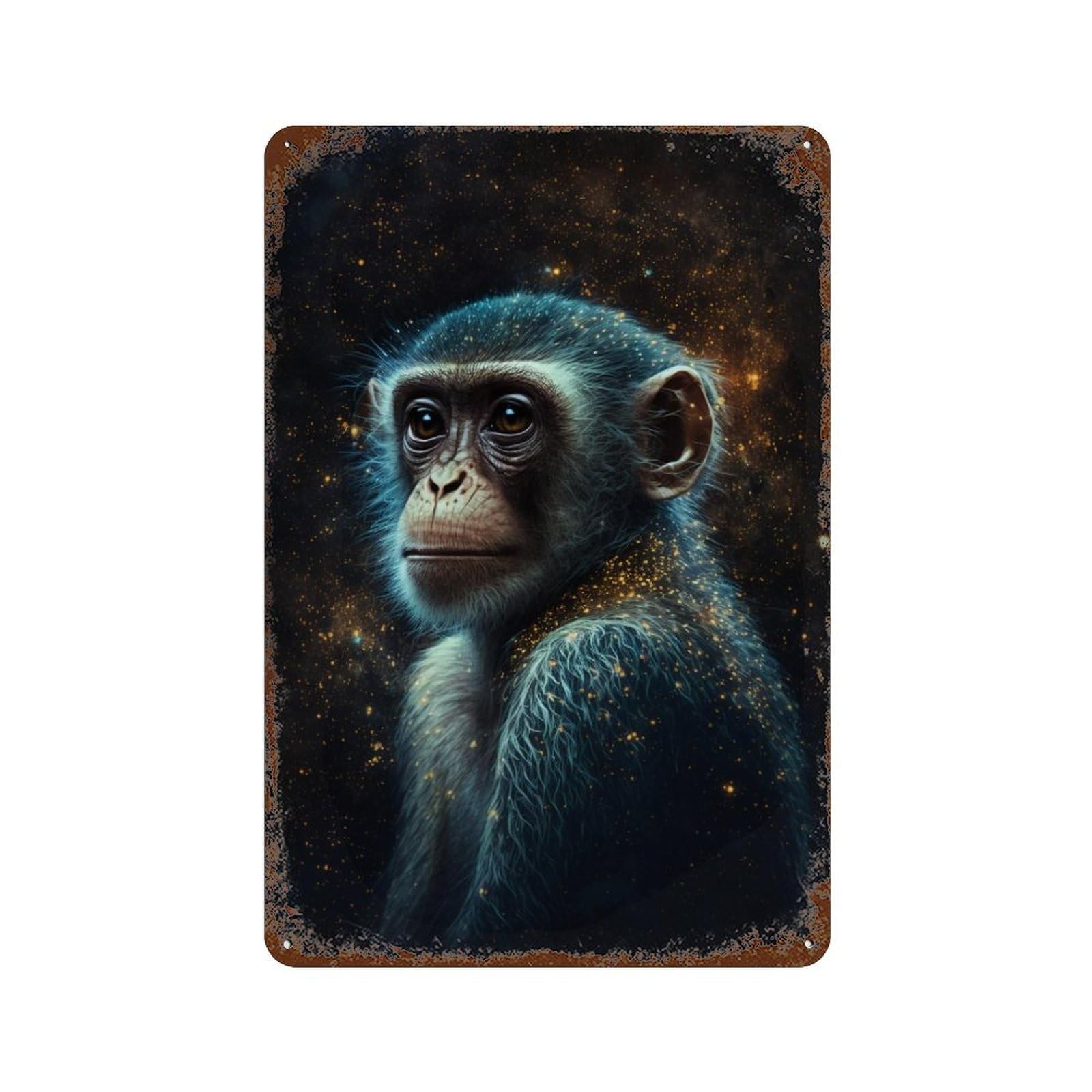 Rust Effect Chimpanzee in Space-4 Aged Metal Wall Plaque 11.8"x7.9", Classic Wall Plaque for Basement, Hobby Room And Garage Decor