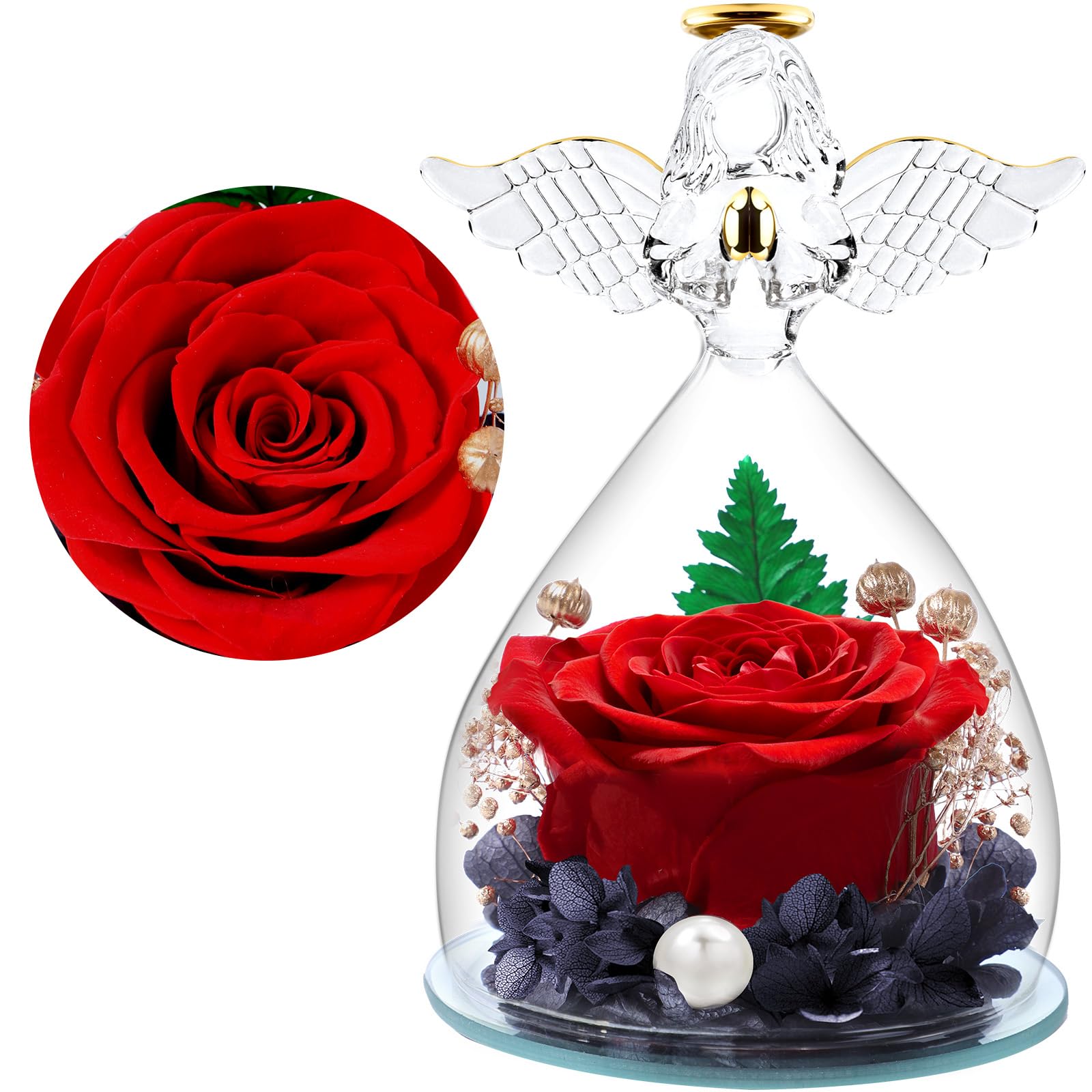 Regalos de Angel Rosa Eterno para Mujeres, Regalos Originales para Madres, Rosas Preservadas en Figuras de Angel de Vidrio, Angeles de Flores para Mamá, Abuela, Esposa, Hermana, Novia (Rojo)