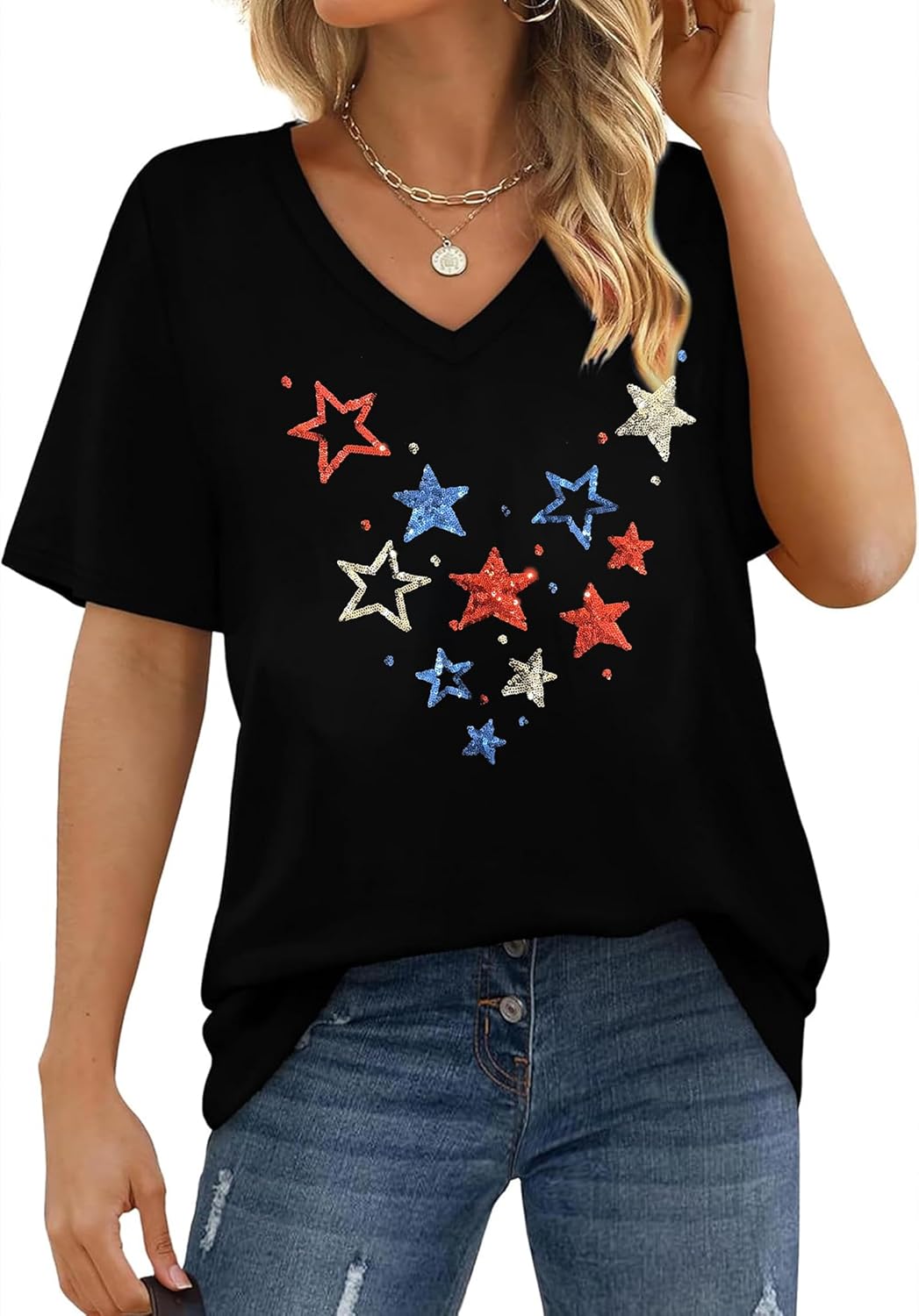 American Flag Shirts Women:4th of July V-Neck Short Sleeve Patriotic T-Shirt Memorial Day Graphic Tee