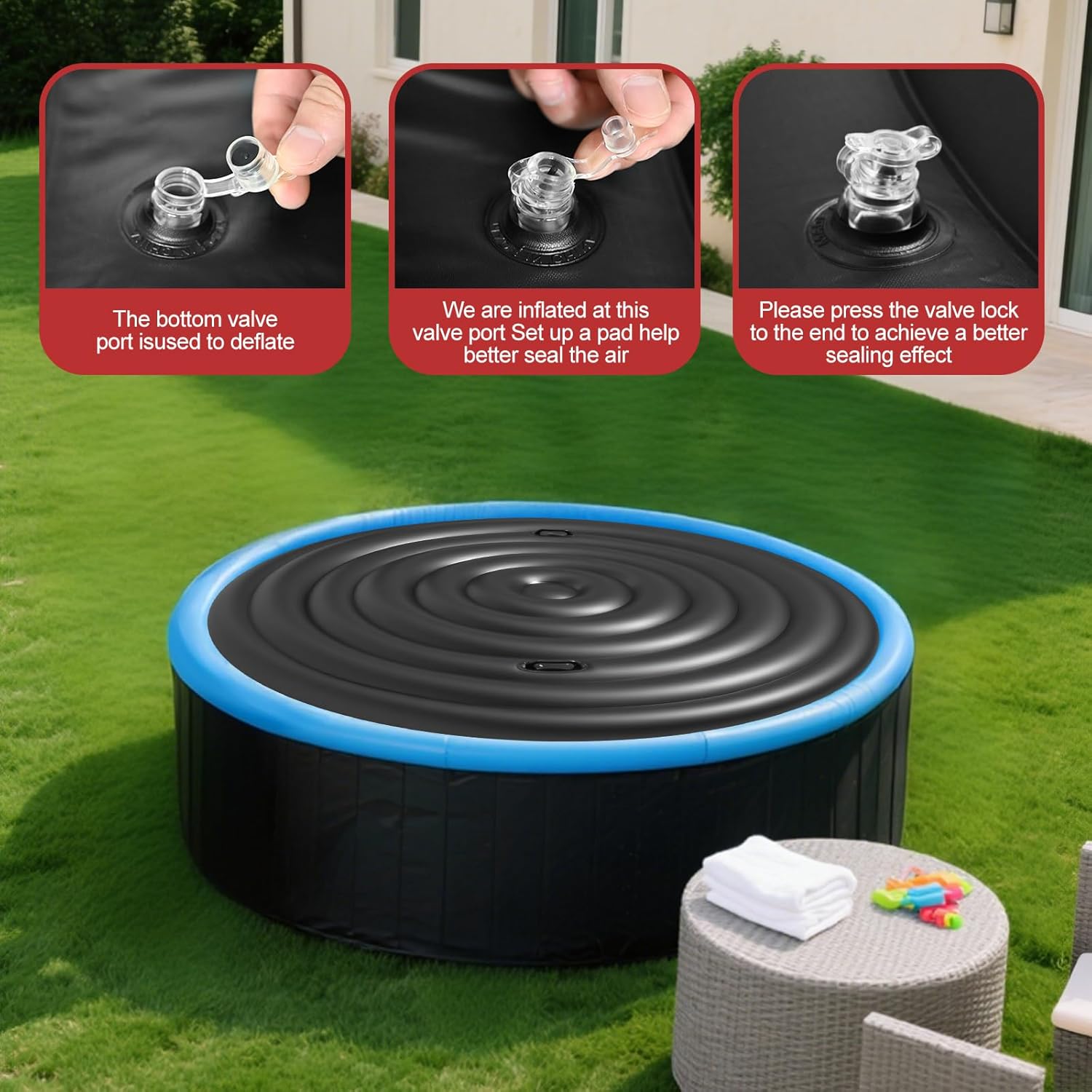 Upgraded 4-6FT Inflatable Hot Tub Cover Round, with Air Pump, with Handle, Three Sizes of Inflatable Separate Chambers, Energy Saving and Rain Protection Overflow Cover for Outdoor Hot Tubs