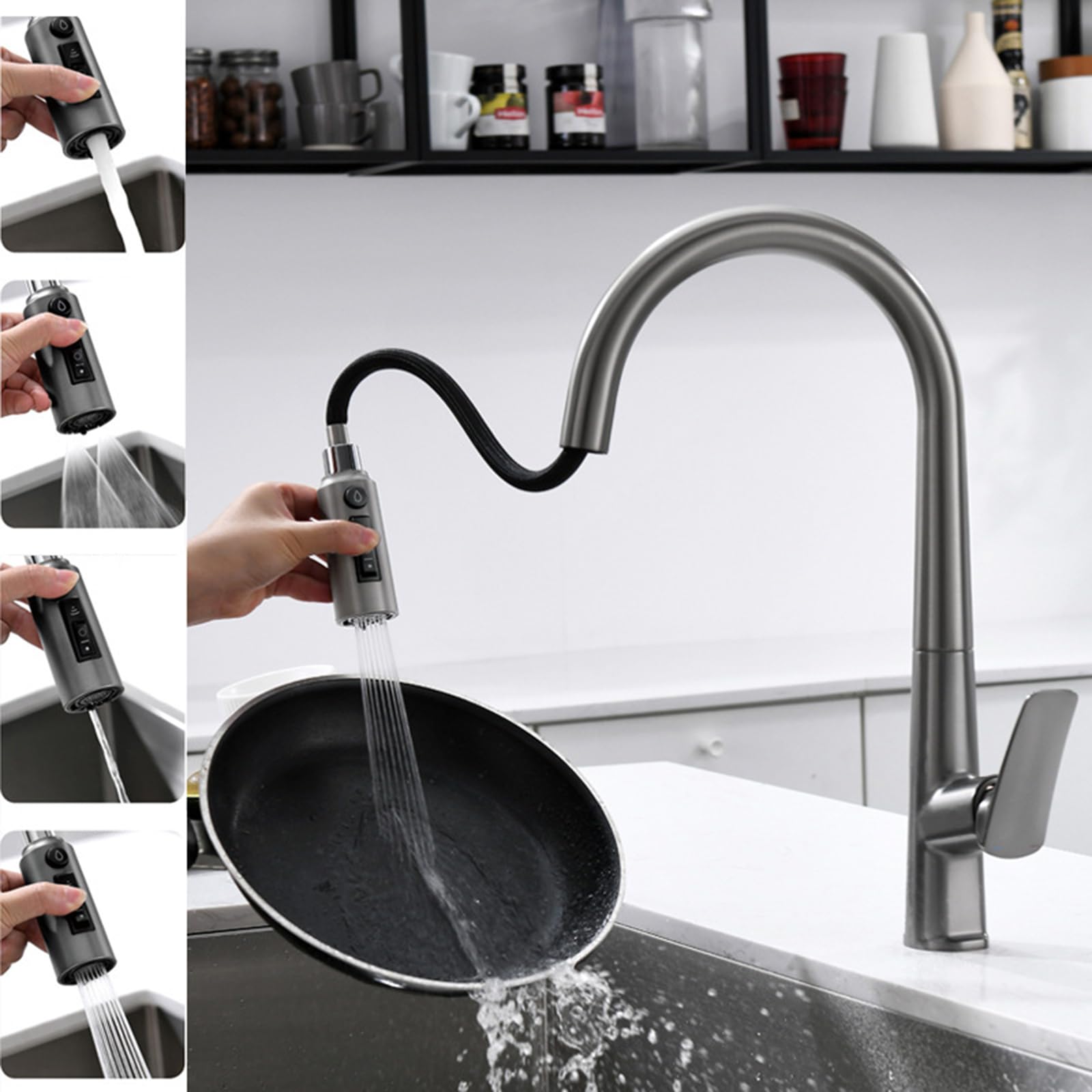 XJTNLB Grifo de Cocina con Ducha Fregadero 3 Vias Osmosis Oro Cepillado Grifo Monomando Cocina Osmosis Caño Grifo Cocina Cuello de Cisne