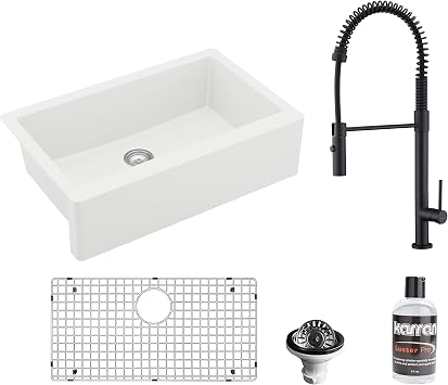 Karran All-in-One Apron Front/Farmhouse Quartz 34-in Single Bowl Kitchen Sink in White with Faucet KKF220 in Matte Black
