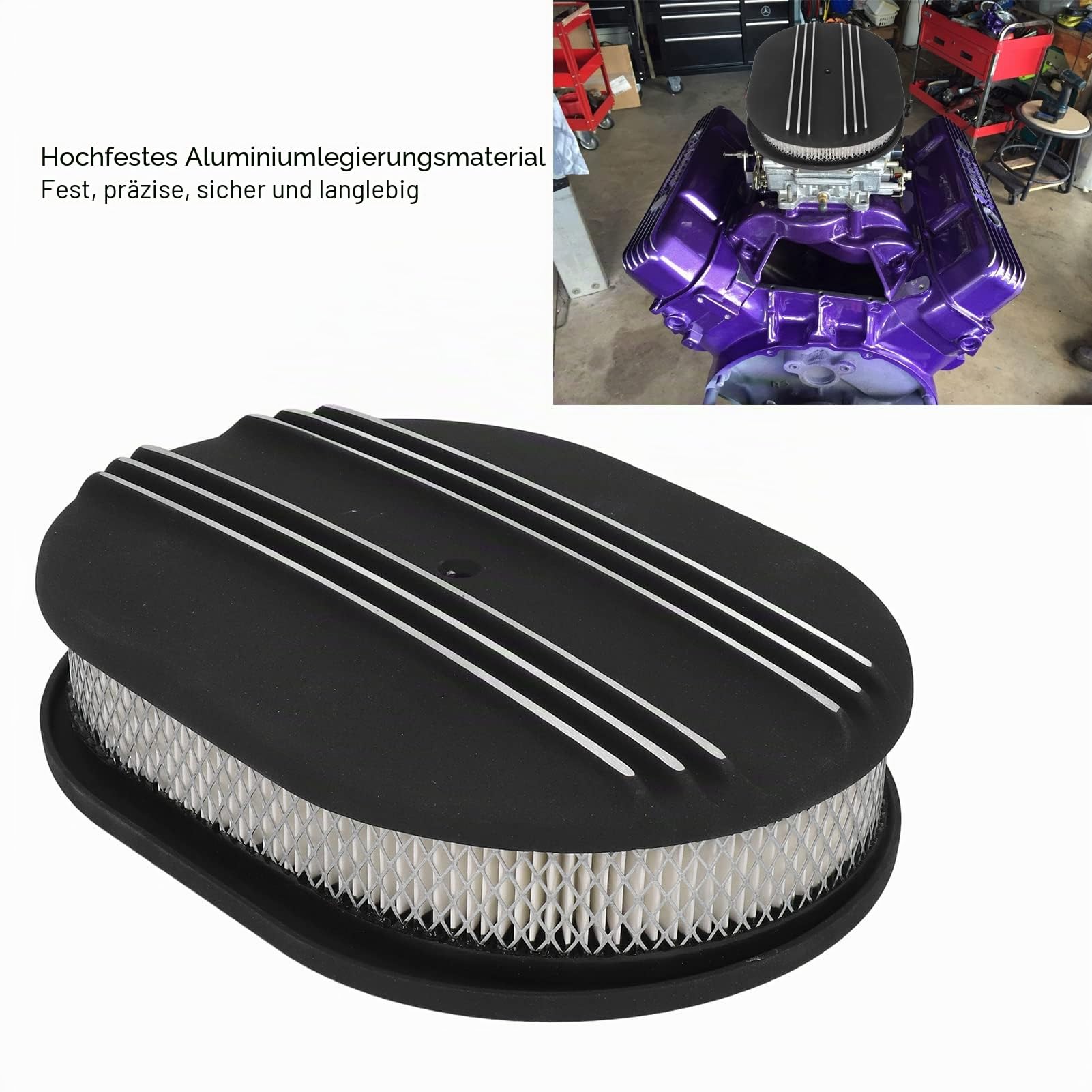 Focket 12 Zoll Oval Luftfilter, Aluminium Luftfilter für 5 1/8 Zoll Vergaser, waschbarer Deckel Luftfilter für für, für Demon, für Rochester