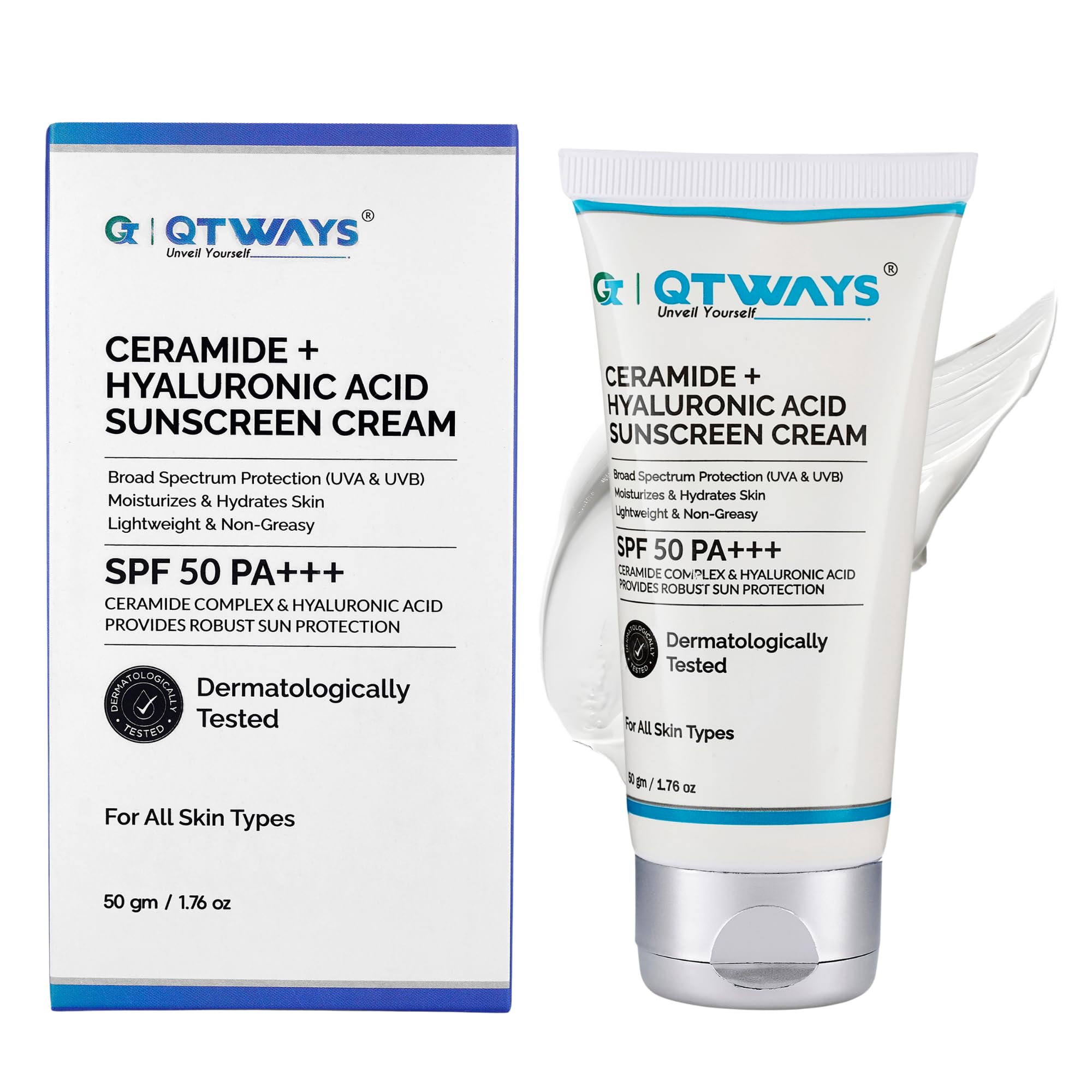 Sunscreen SPF 50 PA+++ (Pack of 1) 50gm | Ceramide Hyaluronic Acid Face Sunscreen | With Kakadu Plum Aloe Vera | Brightening Sun Protection Cream | Non Greasy Lightweight | All Skin Types
