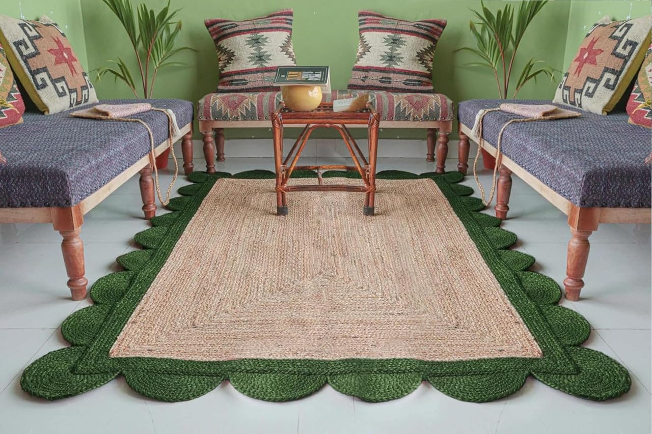 Handmade Jute Area Rug with Scalloped Border, Natural Fiber Indoor Rug for Living Room Bedroom Entryway Durable Floor Carpet