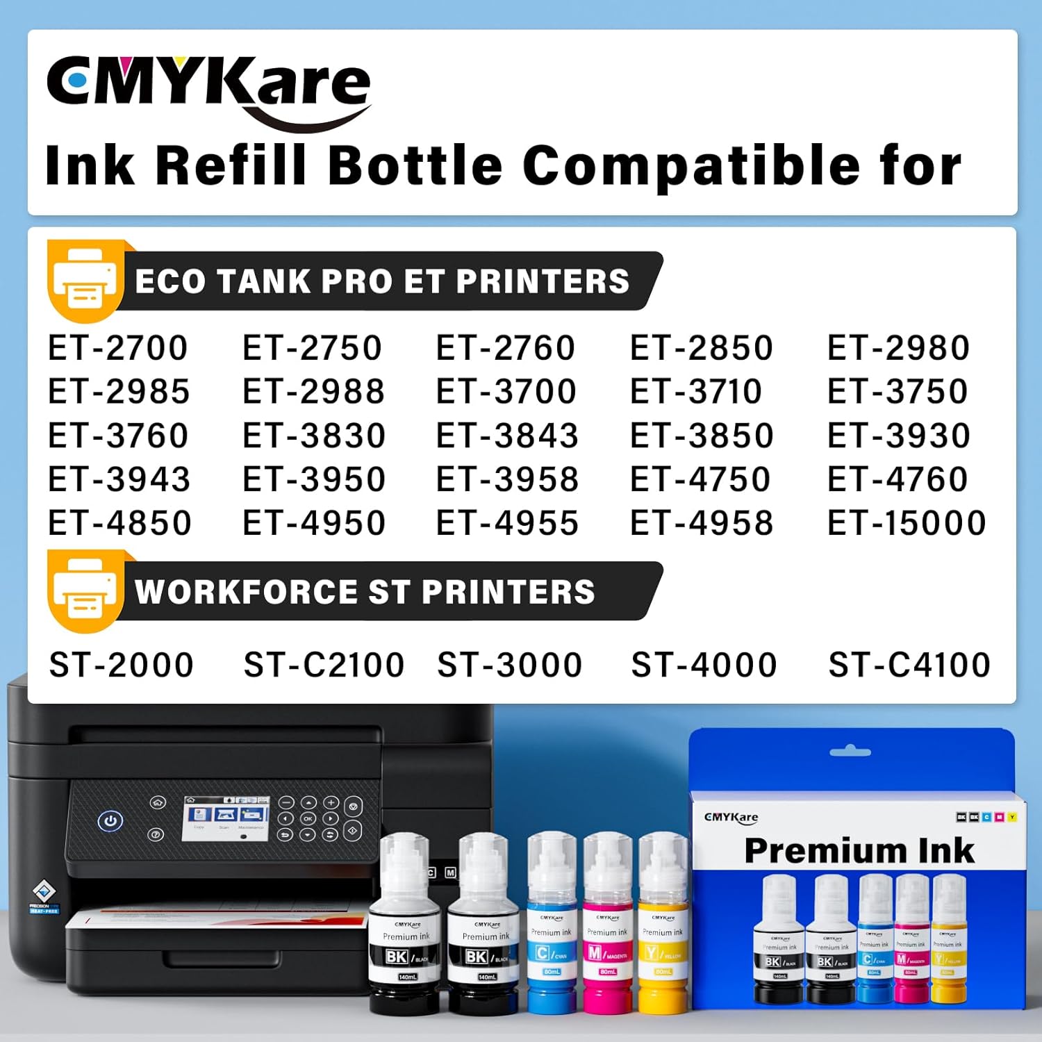 Replacement for T502 Ink Refill Bottles fit Eco Tank ET-3850 ET-2850 ET-3760 ET-2760 ET-4850 ET-4760 ET-3830 ET-2980 ET-2988 ET-3843 ET-2750 ET-3750 ET-4750 ET-15000 Printer (2Bk C M Y)