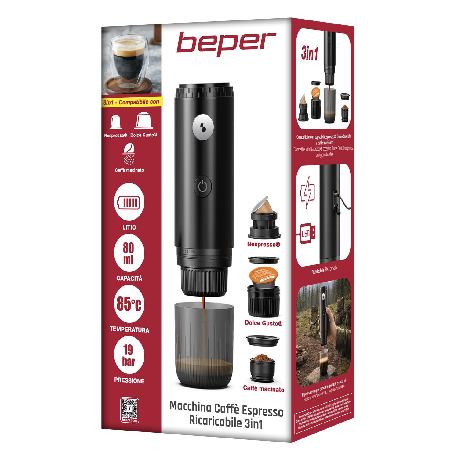 BEPER P101CAF250 Cafetera Espresso Portátil Recargable 3 en 1– Compatible con cápsulas Nespresso®, Dolce Gusto® y café molido, 19 bares, inalámbrica, calentamiento integrado, USB-C