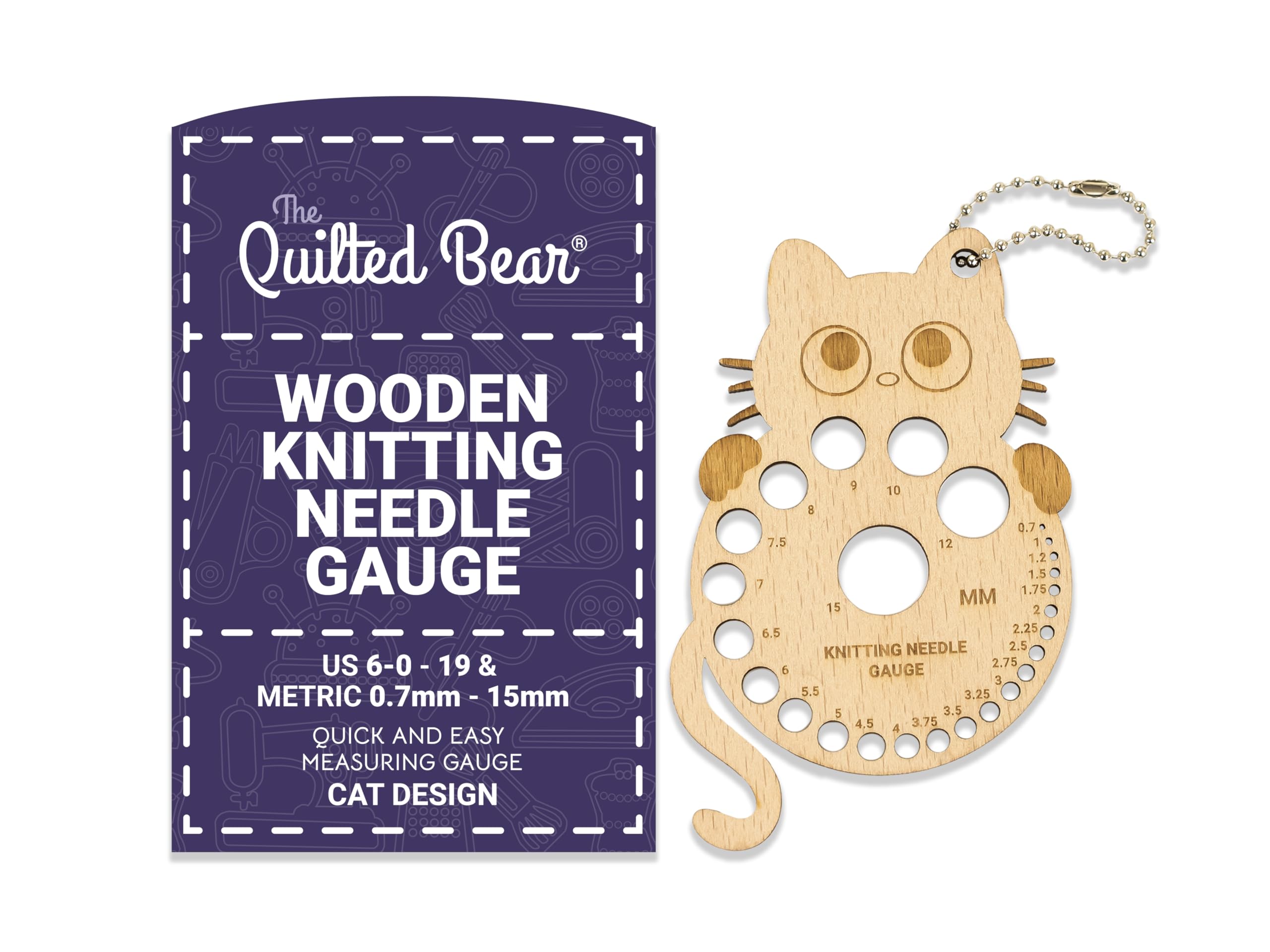 The Quilted Bear Wooden Knitting Needles Gauge - Knitting Gauge Tool for Accurate Needle Measurements with Metric & Imperial Sizes 0.7 mm to 15 mm & US 6-0 to 19 in Various Fun Designs (Cat)