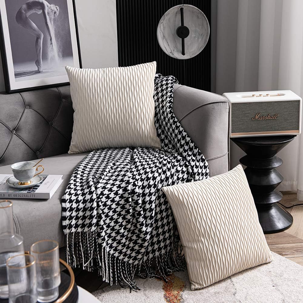 DEZENE Ivory White Couch Pillow Covers: 2 Pack 16x16 Inch Original Striped Velvet Square Throw Pillow Cases for Farmhouse Home Decor
