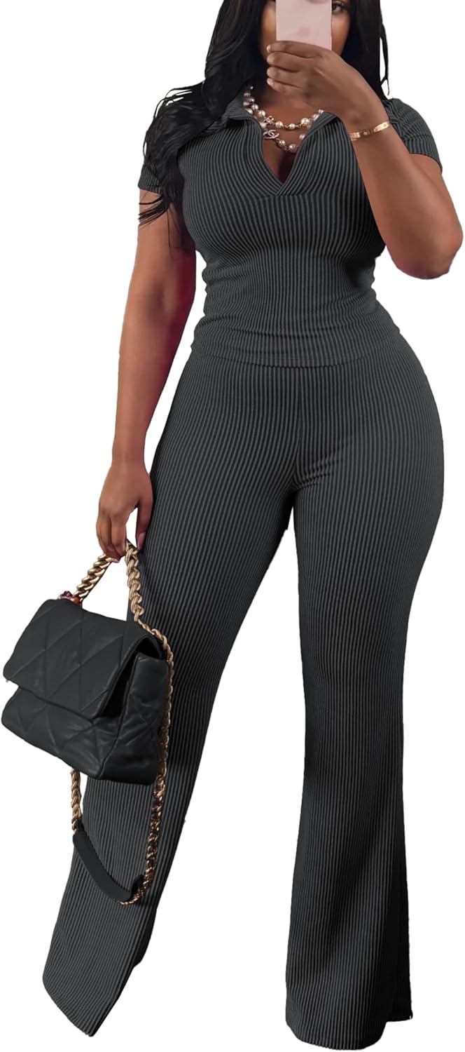 HBQ Women Two Piece Outfit Ribbed Short Sleeve V Neck Polo Top and Flare Pants Casual Lounge Sets Tracksuit