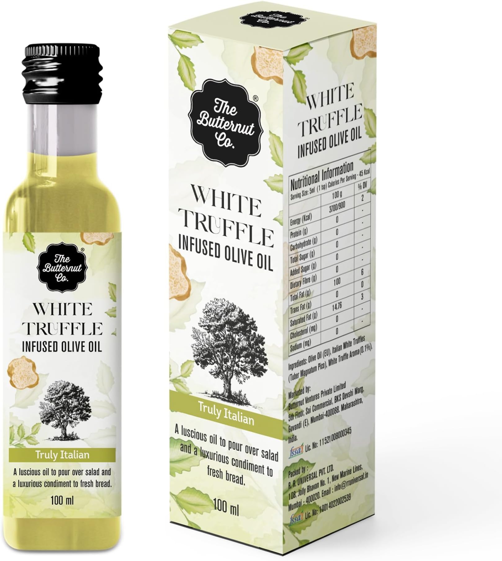 The Butternut Co. Extra Virgin Olive Oil with White Truffle | Ideal for Salad Dressings | Pizza Seasoning | Popcorn Seasoning | eggs and avocado toast topping | With real truffle piece| 100 ml |