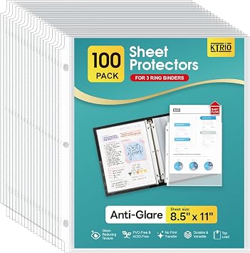 KTRIO Non Glare Sheet Protectors for 3 Ring Binder 100 Pack, 8.5 x 11 inch | Reduce Glare Clear Page Protectors Letter Size Plastic Paper Sleeves, Acid-Free, Top Loading, Business Office School Supplies