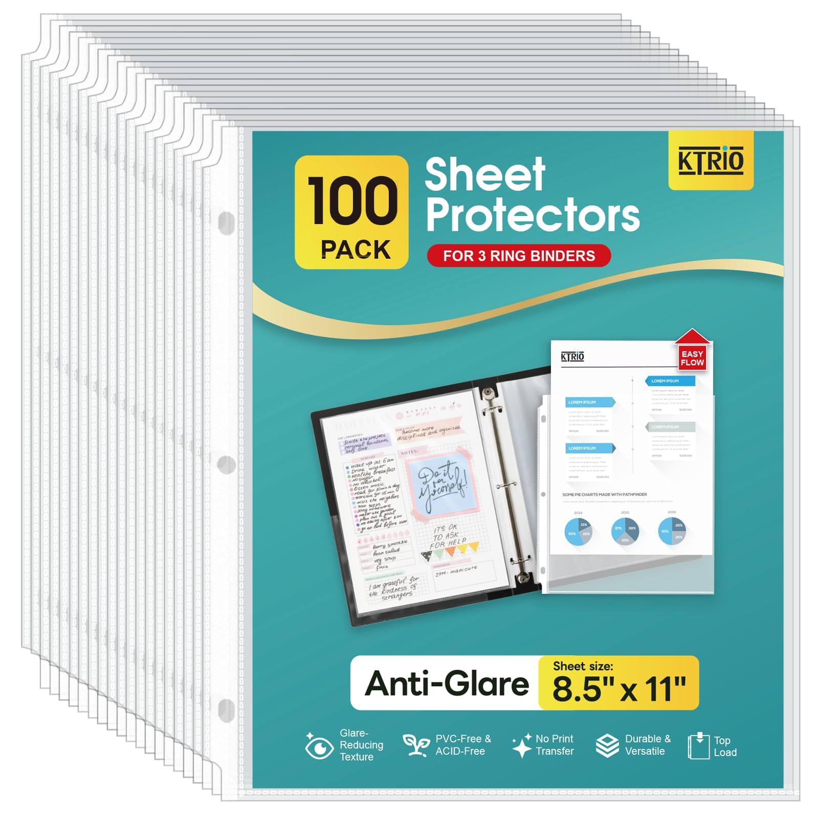 KTRIO 100 Pack Sheet Protectors for 3 Ring Binder, Non Glare Clear Page Protector, Plastic Document Sleeves Fits Standard 8.5 x 11 Paper, Top Loading, Acid Free
