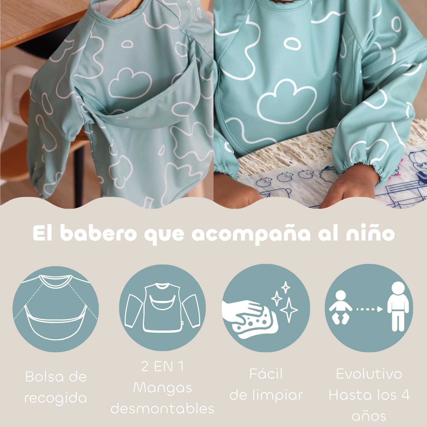 BÉABA, Set de Comida Bebé – Regalo de Nacimiento Completo desde 4 Meses – Plato Inox Microondas, Cubiertos Ergonómicos, Babero con Mangas, Caja Recuerdo – Materiales Saludables/Duraderos, Verde Salvia
