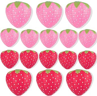 16 PCS 3D Strawberry Party Lanterns, 8-10 Inch Pink & Red Paper Lanterns with Cute Fruit Pattern for Birthday, Baby Shower, Garden Party Decorations