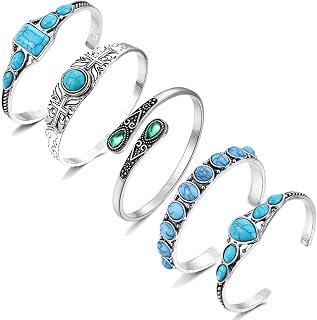 5pcs Turquoise Cuff Bracelets Set for Women Bohemian Adjustable Cuff Bangle Vintage Stackable South Western Cowgirl Cuff Bracelets Jewelry set