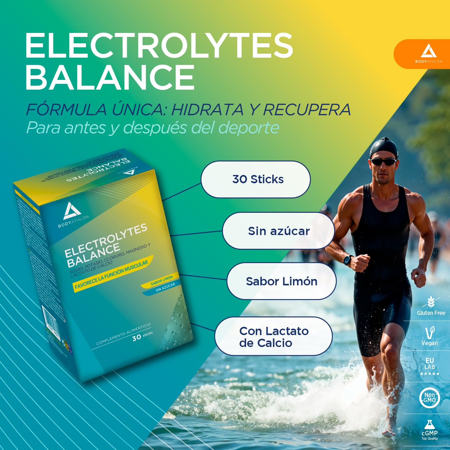 Electrolitos Sin Azucar en Polvo 1779mg Limón| Hidratación + Recuperación| Sodio, Potasio, Cloruro, Magnesio y Lactato de Calcio = Sales Minerales para el Deporte |Electrolytes Bodyathlon