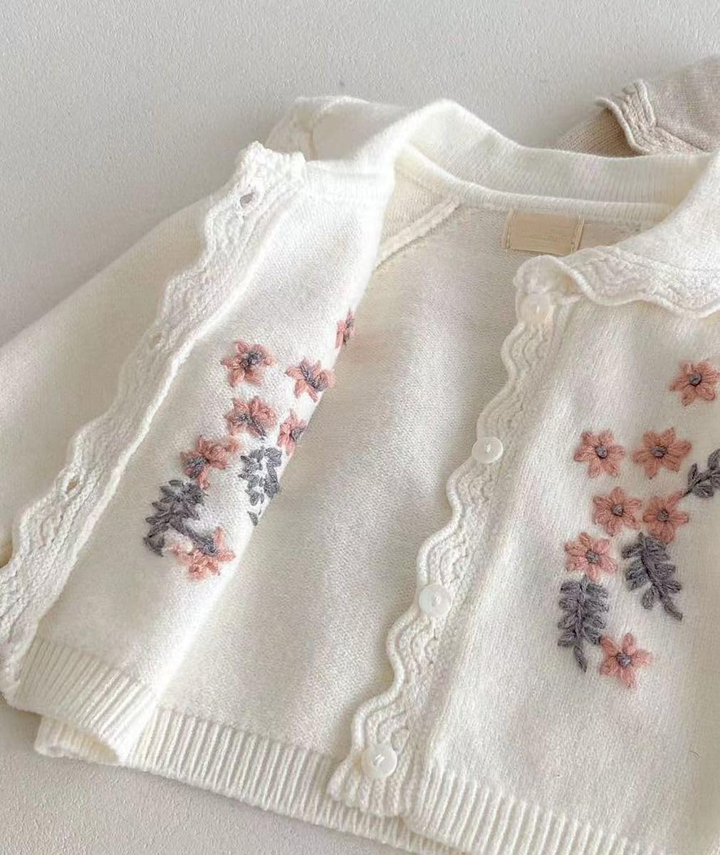 SIRRI Baby Mädchen Strick-Strampler mit Hosenträgern und Strickjacke mit Blumenmuster, Langarm-Winter-Outfit