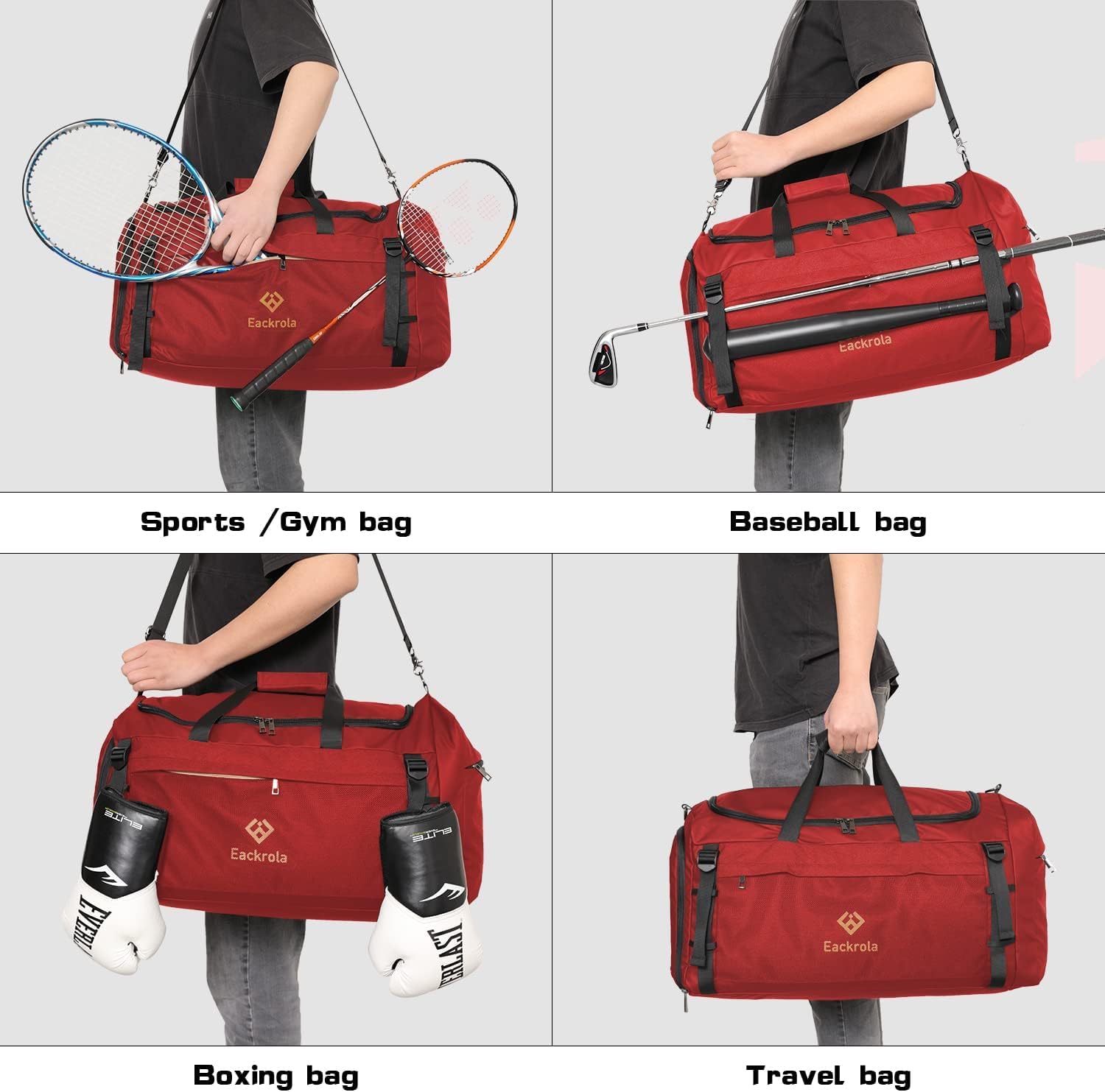 Bolsas de gimnasio para hombre con compartimento para zapatos, bolsa deportiva con bolsillo húmedo para mujer, 65 L, Rojo -, 85L