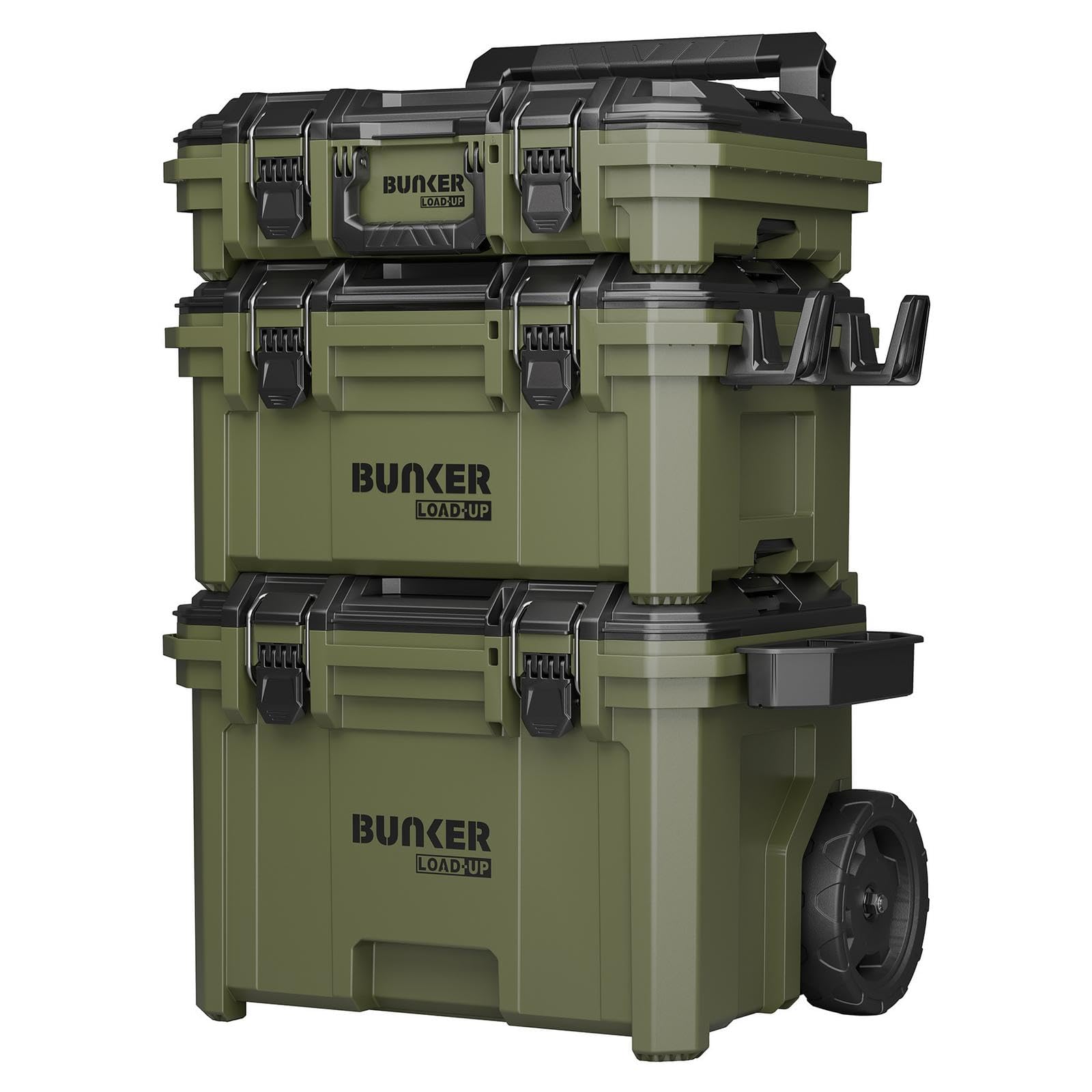 Draper Green And Black Bunker Load-Up 9 Piece Modular Tool Storage System - 3 Tier Stackable Rolling Toolbox Set With Organisers & Accessories - Ip65 Waterproof, Heavy-Duty Build, All-Terrain Wheels - Workshop & Jobsite
