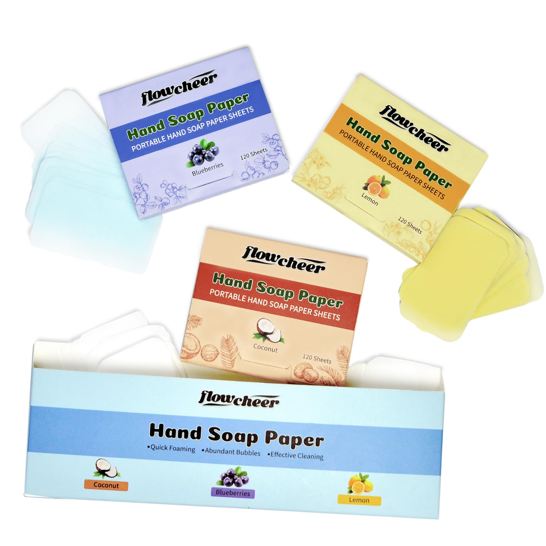 flowcheer Paper Soap Sheets For Hand Washing - (360 Sheets) Coconut, Blueberry, Lemon Scents Portable Travel Soap Sheets, Eco-Friendly, Dissolvable soap sheets for camping, travel, Hiking, Outdoor
