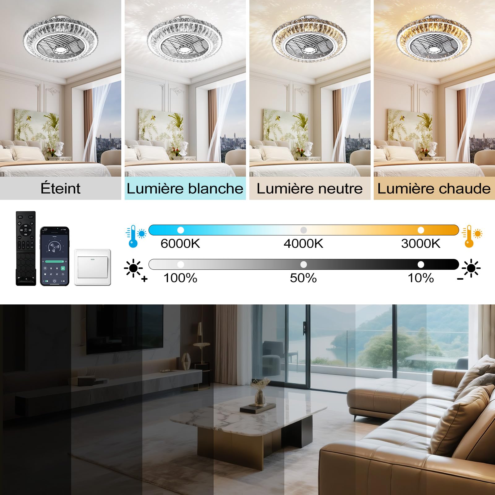 Ventilador de techo con lámpara, ventilador de techo de cristal con luz LED, luz de techo regulable LED moderna de 72 W, velocidad del viento ajustable, con control remoto