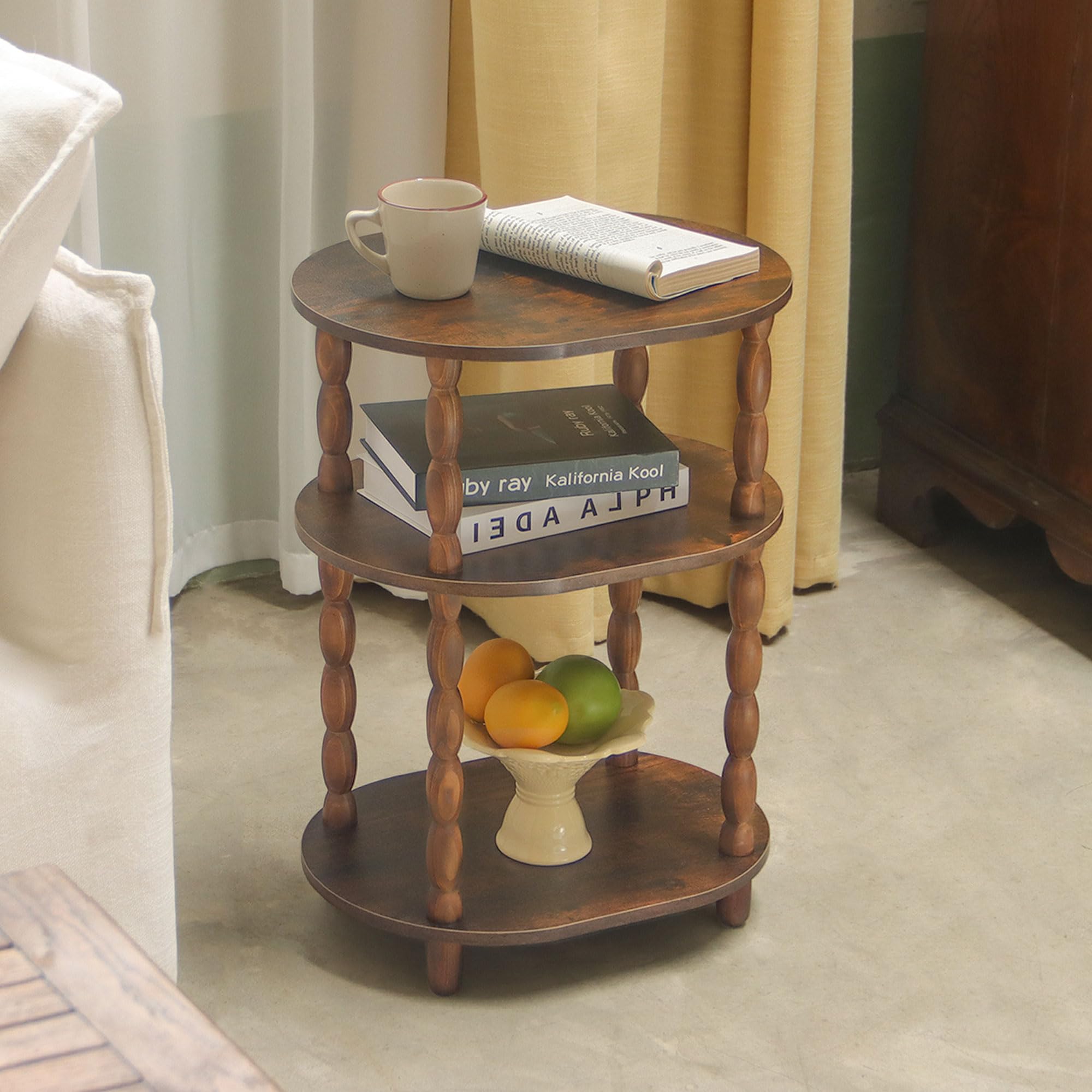 maxsmeo side table, 3-tier small end table, modern oval night stand accent table for living room, bedroom, rustic brown