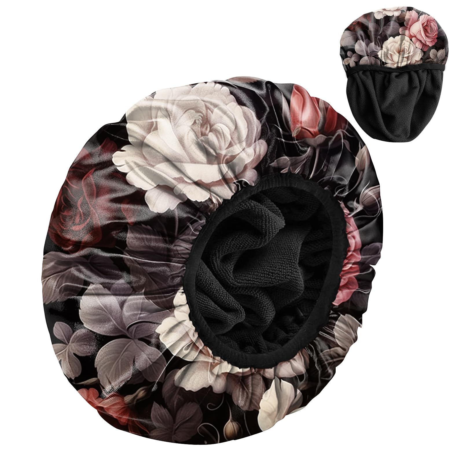 Zewurtuw Luxury Shower Cap Terry Cloth Lined EVA Waterproof Reusable Triple Layer Elastic Hair Bath Caps for Women Girls Cute-Rose