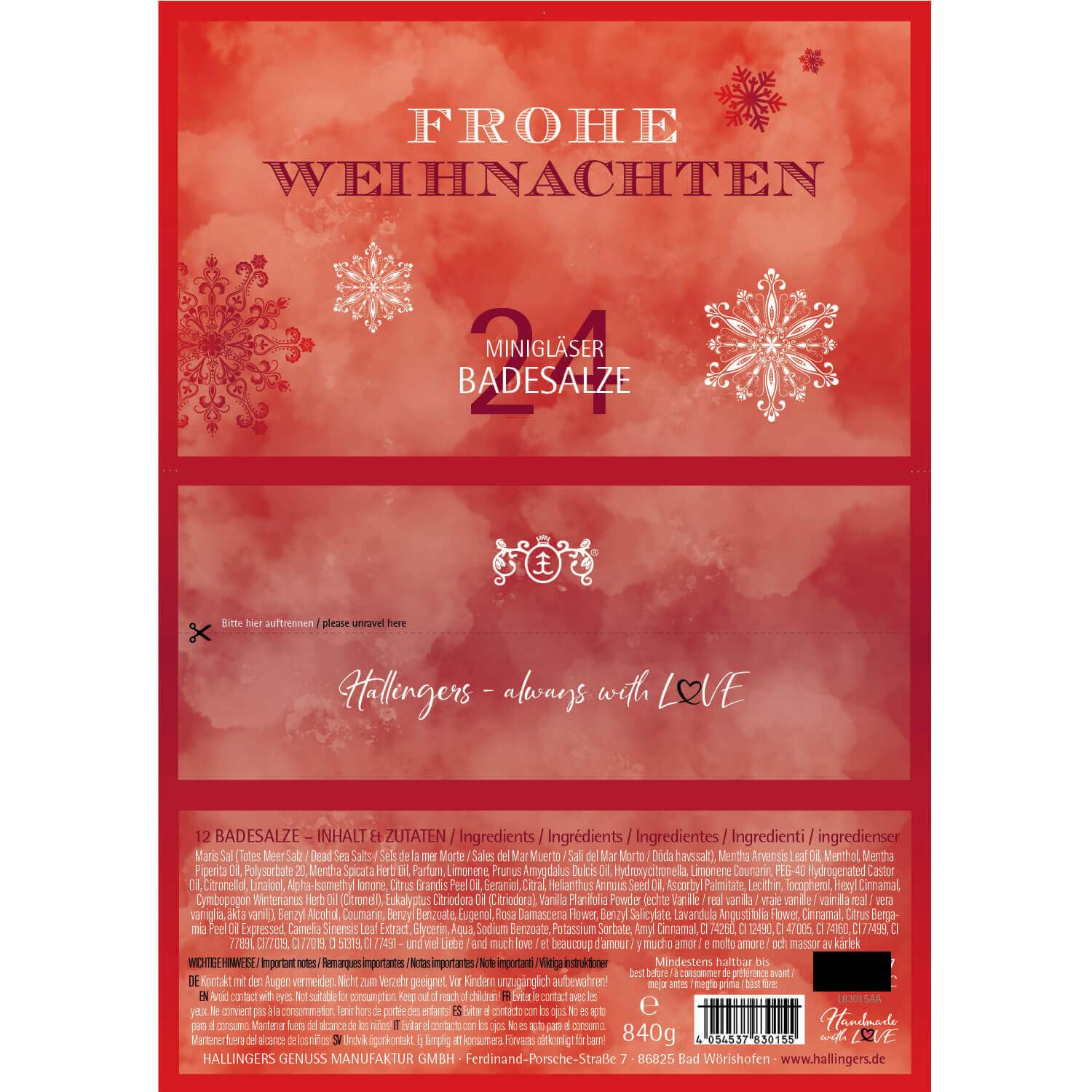 Hallingers Genuss Manufaktur Badesalze Weihnachts-Geschenk-Set - 24x Badezusatz mit Totes Meer Badesalz edle Geschenkbox, Badekristalle Fußbad & Spa "Frohe Weihnacht...", Weihnachten für Frauen Männer