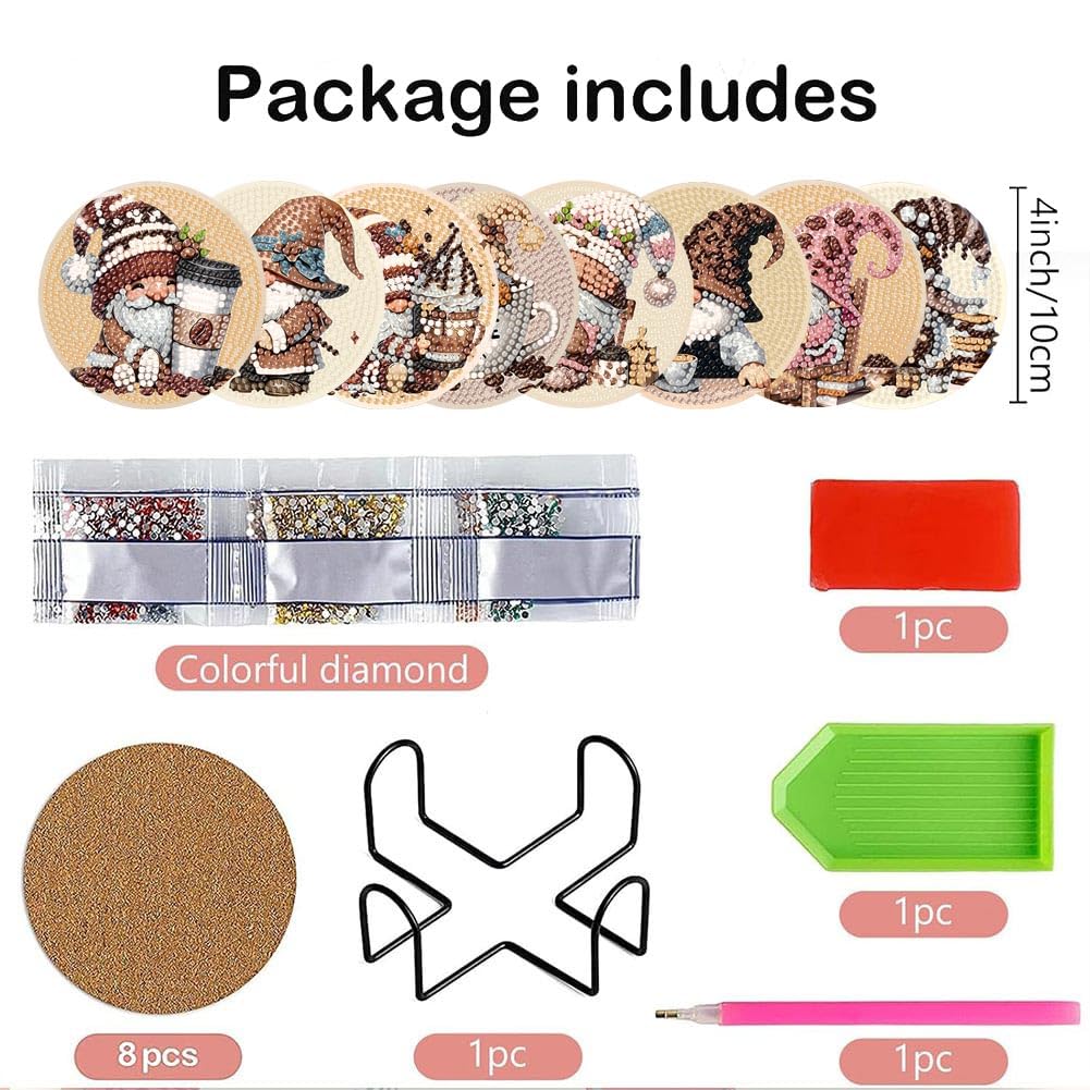 Clendo 8 Pcs Coffee Gnome DIY 5D Small Diamond Painting Coasters Kit - Round, Acrylic & Cork, Coffee