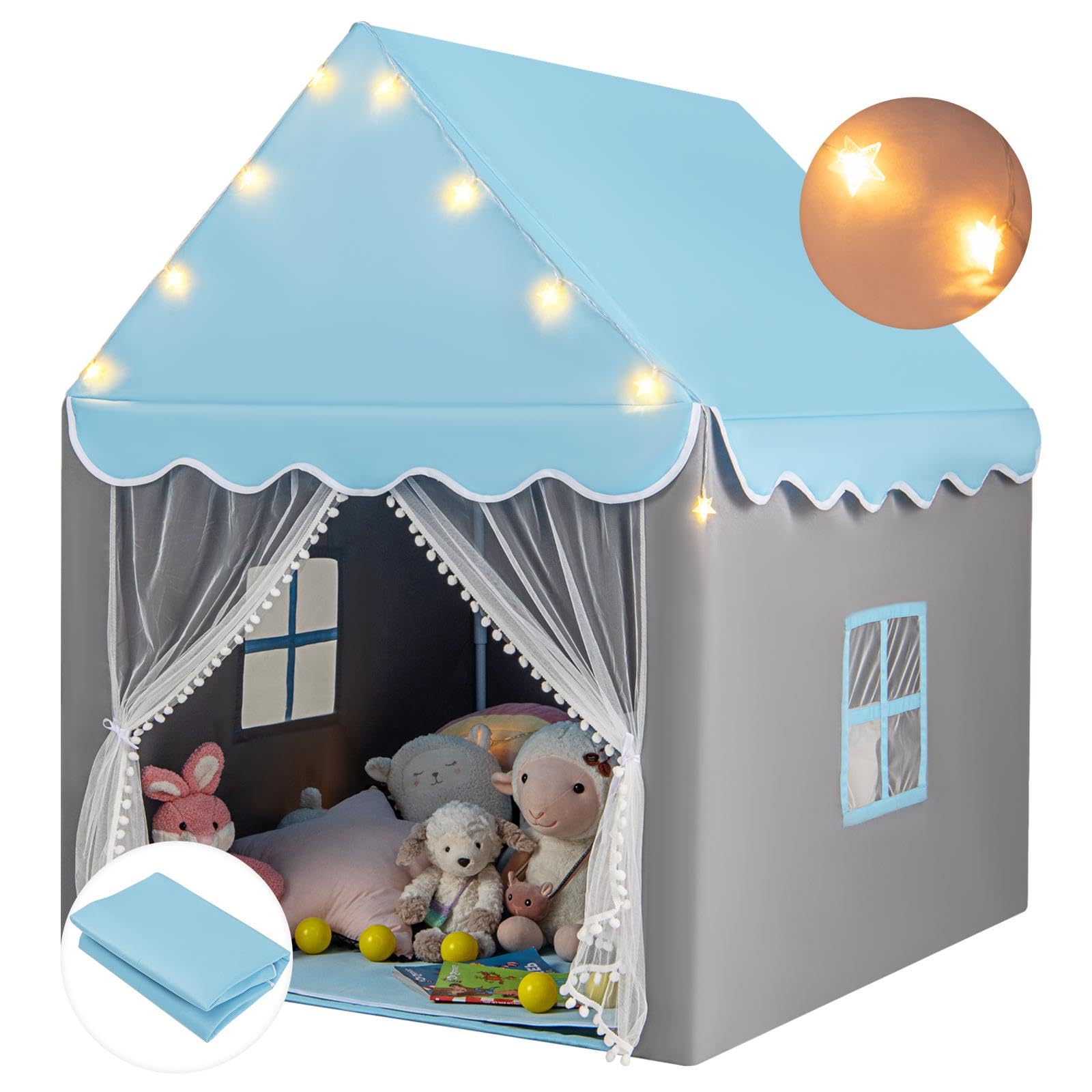 HOMASIS Tenda da Giochi per Bambini, Casetta per Bambini Interna con Tappeto Lavabile e Luci a Forma di Stella, Casa Giochi con Porta e Finestre, 105 x 121 x 136 cm (Blu)