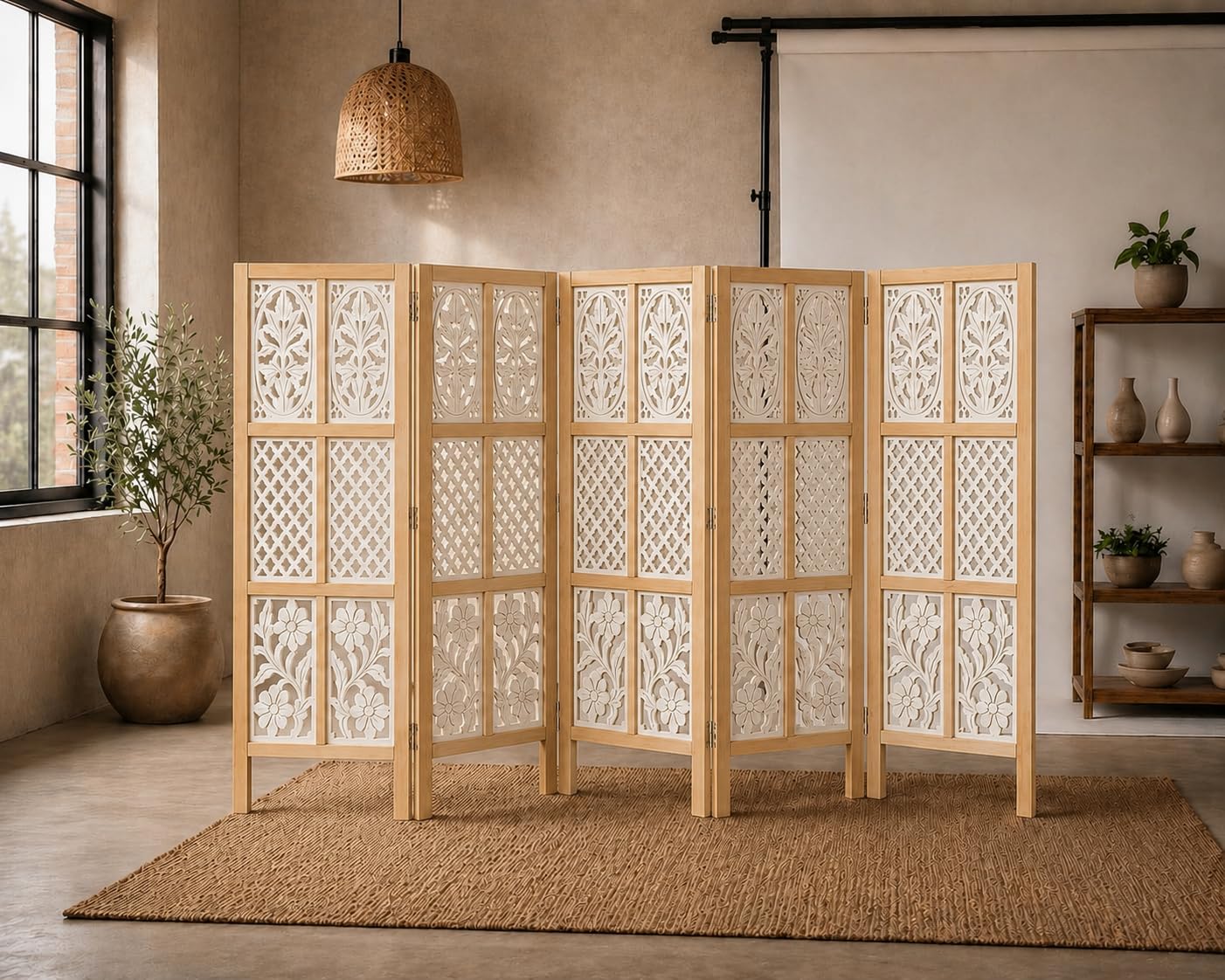 Home & Goods International Wooden Room Divider Partition – 4-FT Folding Privacy Screen with Mix Design Cutout – Decorative Freestanding Panel for Home, Office & Studio ~ Natural & White-image-38