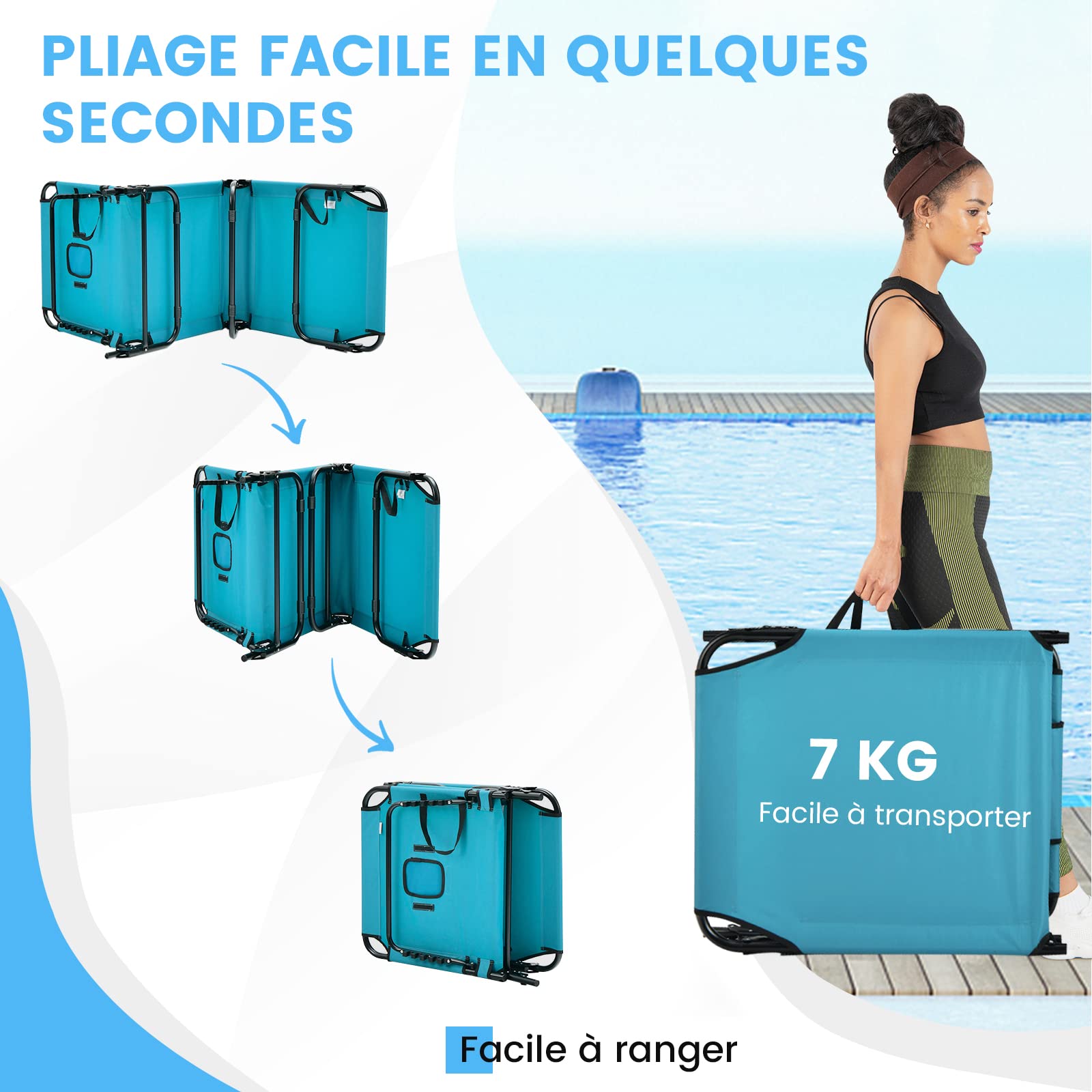 COSTWAY Chaise Longue Pliante, Bain de Soleil Réglable à 5 Positions, Charge 150kg, Trou pour Visage, 3 Coussins Amovible, Tissu Oxford, Sangle, Transat Jardin Exterieur pour Plage Piscine(Turquoise)