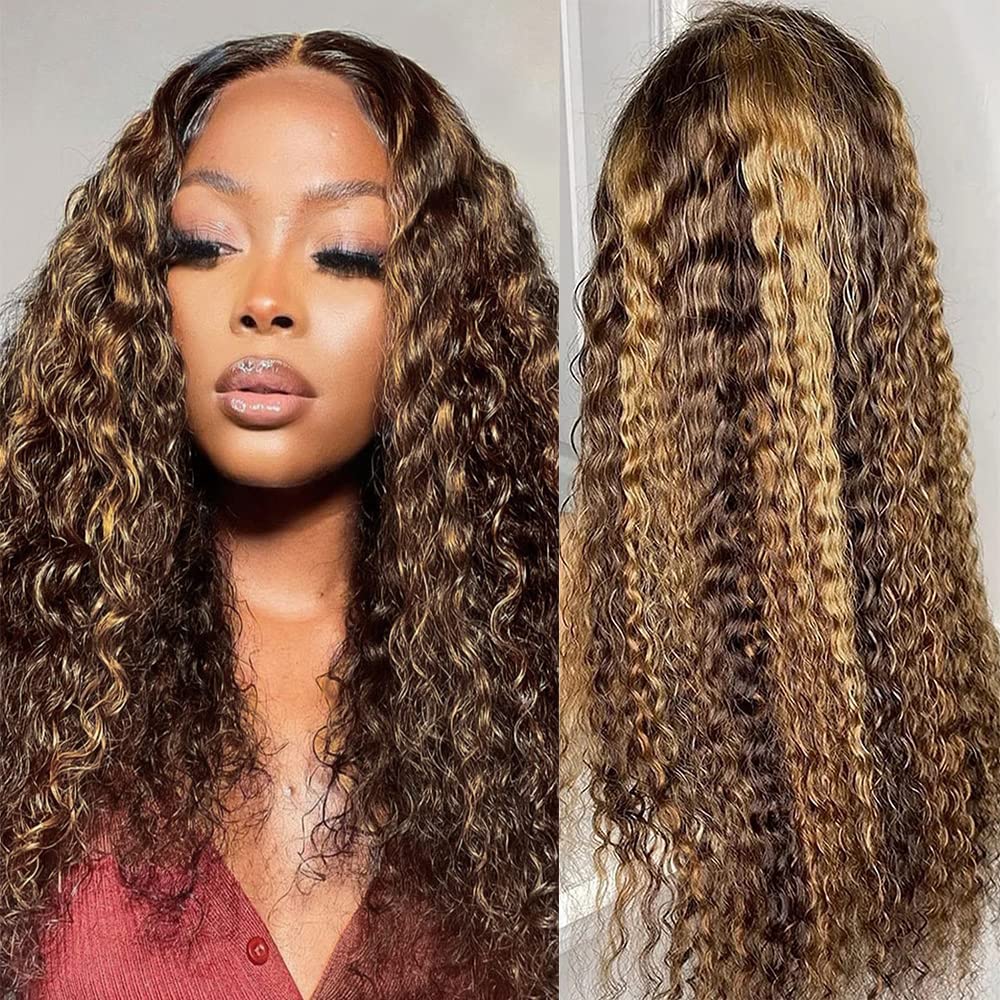 KEUET Highlight Curly Lace Front Wig Human Hair 18 Inch Short Curly Bob