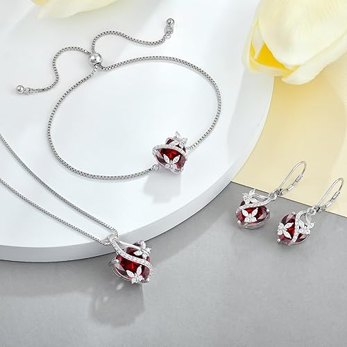 Miniatura 5 de Juego de joyas de plata de ley con diseño de mariposas y granate para mujer, collar, aretes, pulsera, regalo