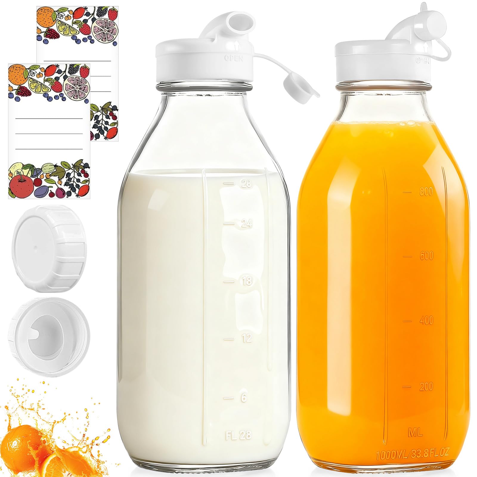 2-Pack 1000ml Clear Glass Milk Bottles with Airtight Screw Lid, 2 Silicone Pour Spout & Measurement Scale, Reusable Food Grade Beverage Storage Containers for Juice, Smoothies, Kitchen Pantry Use