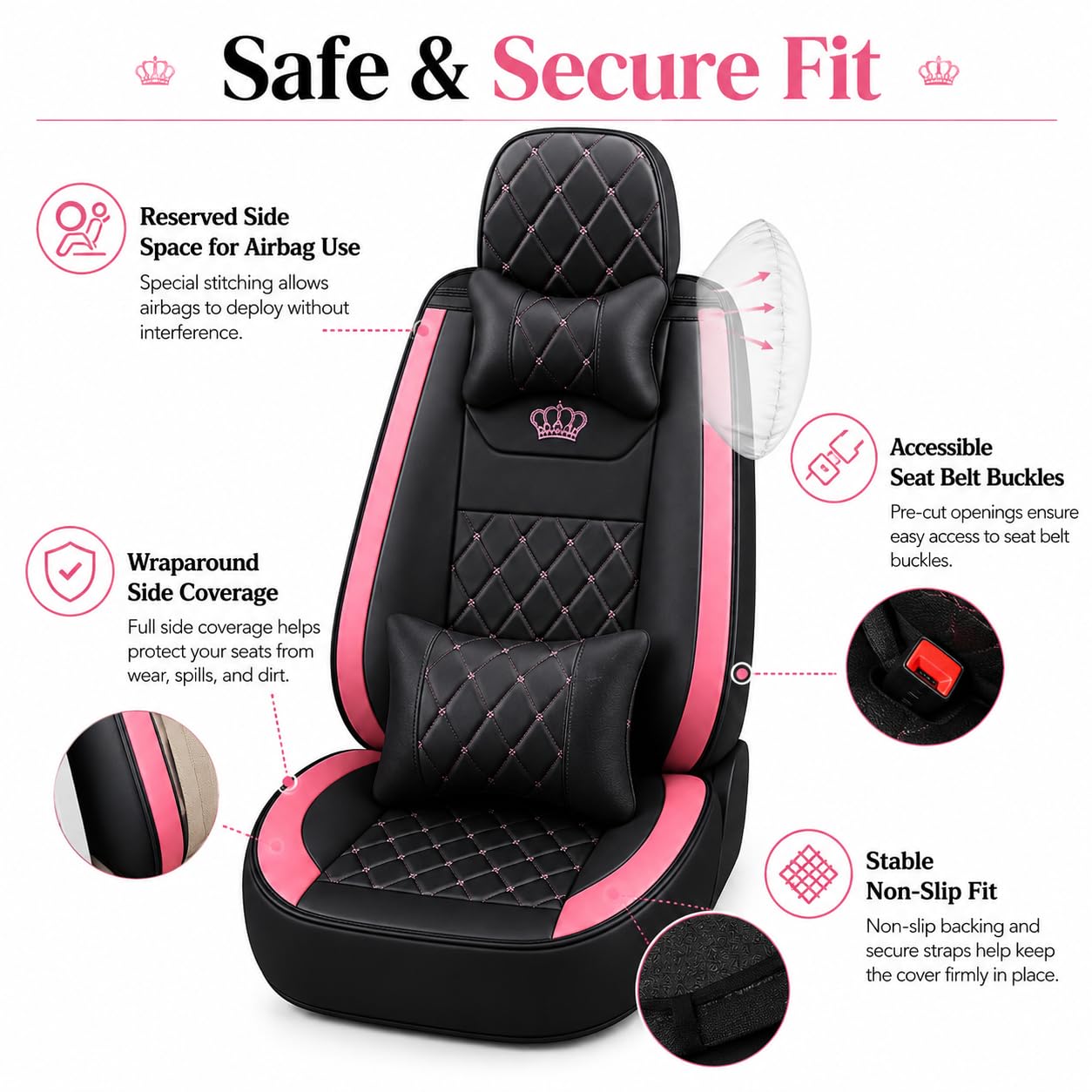 Komplettset Autositzbezüge aus atmungsaktivem Kunstleder Für Vorder- und Rücksitze inkl. Kopfstützen - reduziert Fahrermüdigkeit - passend für die meisten Pkw (Pink + schwarz, Vorder- & Rücksitze)