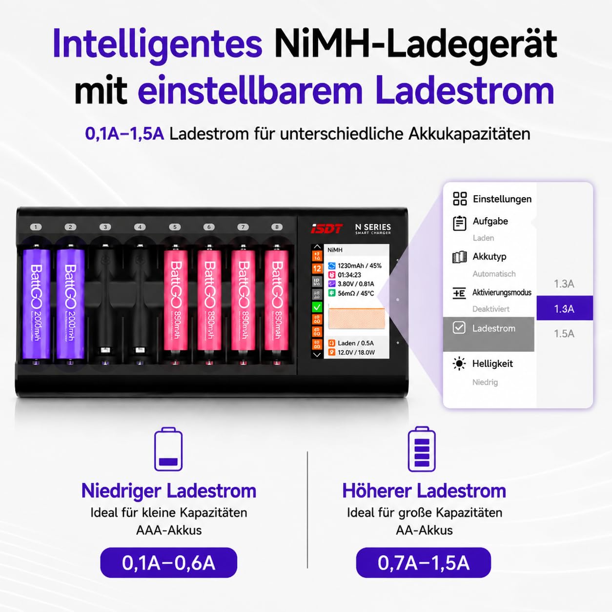ISDT - Cargador de batería N8 AA/AAA de 8 compartimentos con pantalla a color de 2,4"