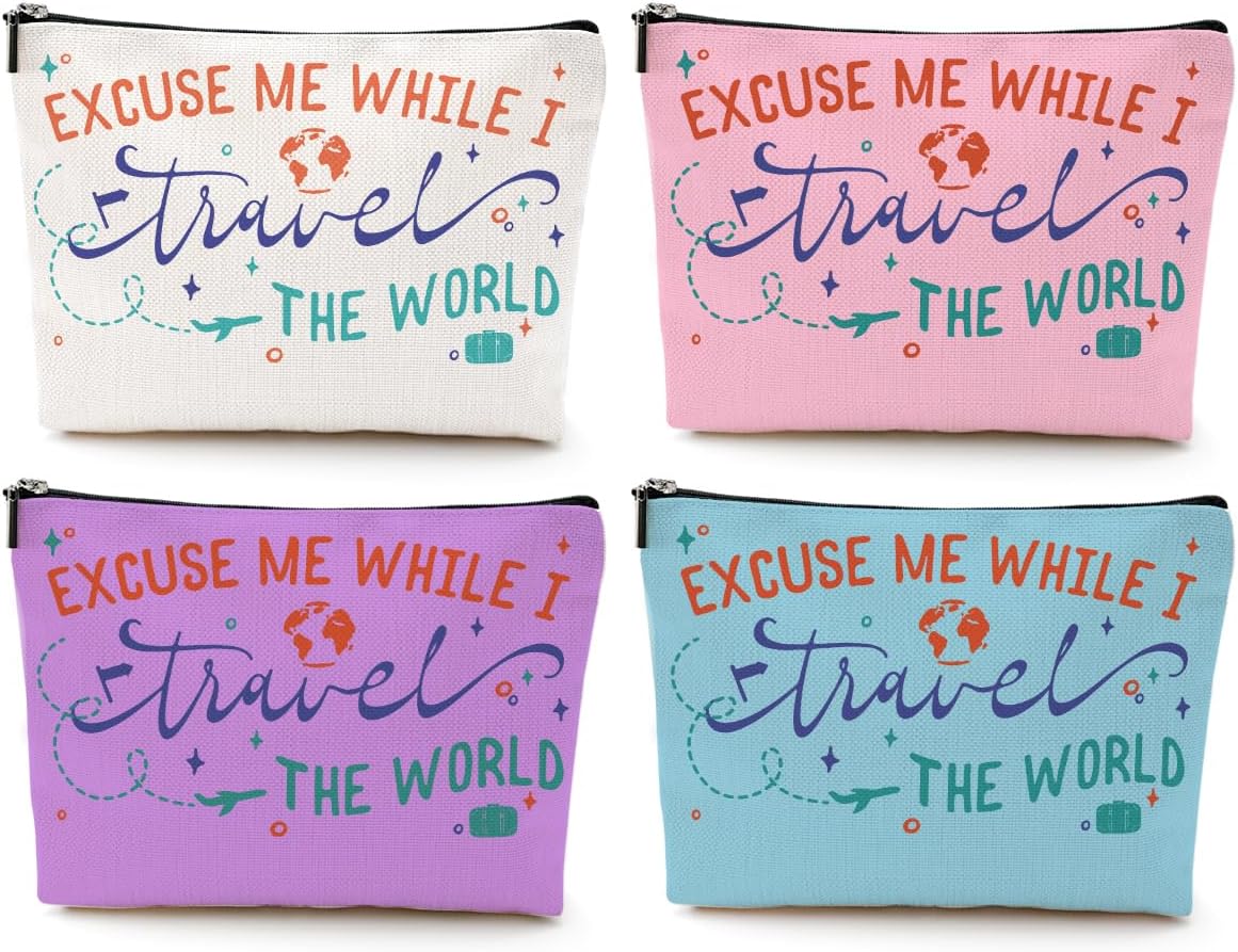 4 pcs Funny Travel Gifts for Women Makeup Bag Travel Essentials Cosmetic Bag Traveling Toiletry Bags Flight Vacation Gifts for Niece Mom Travelers Girls Trip Weekend Birthday Mothers Day Friendship