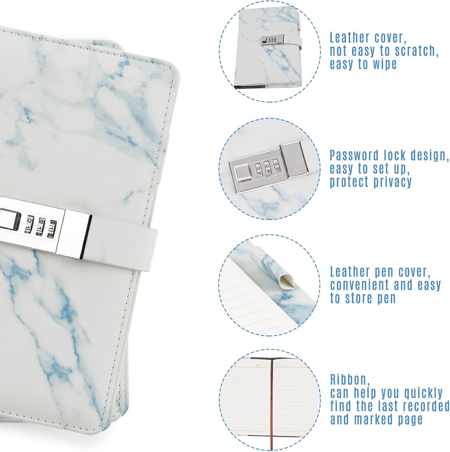 Whiidoom Marble Journal Writing Notebooks with Combination Lock Personal Travel Diary Office Notepad (Blue)