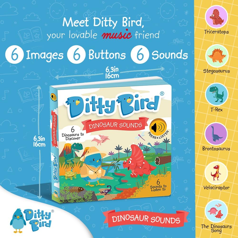 Ditty Bird Dinosaur Book for Toddlers | Realistic Dino Sound Book | Interactive T-Rex Board Books for Toddlers 1-3 | Sensory, Musical Books for Dino Lovers | Sturdy Nursery Rhyme Toys for Baby - Image 2