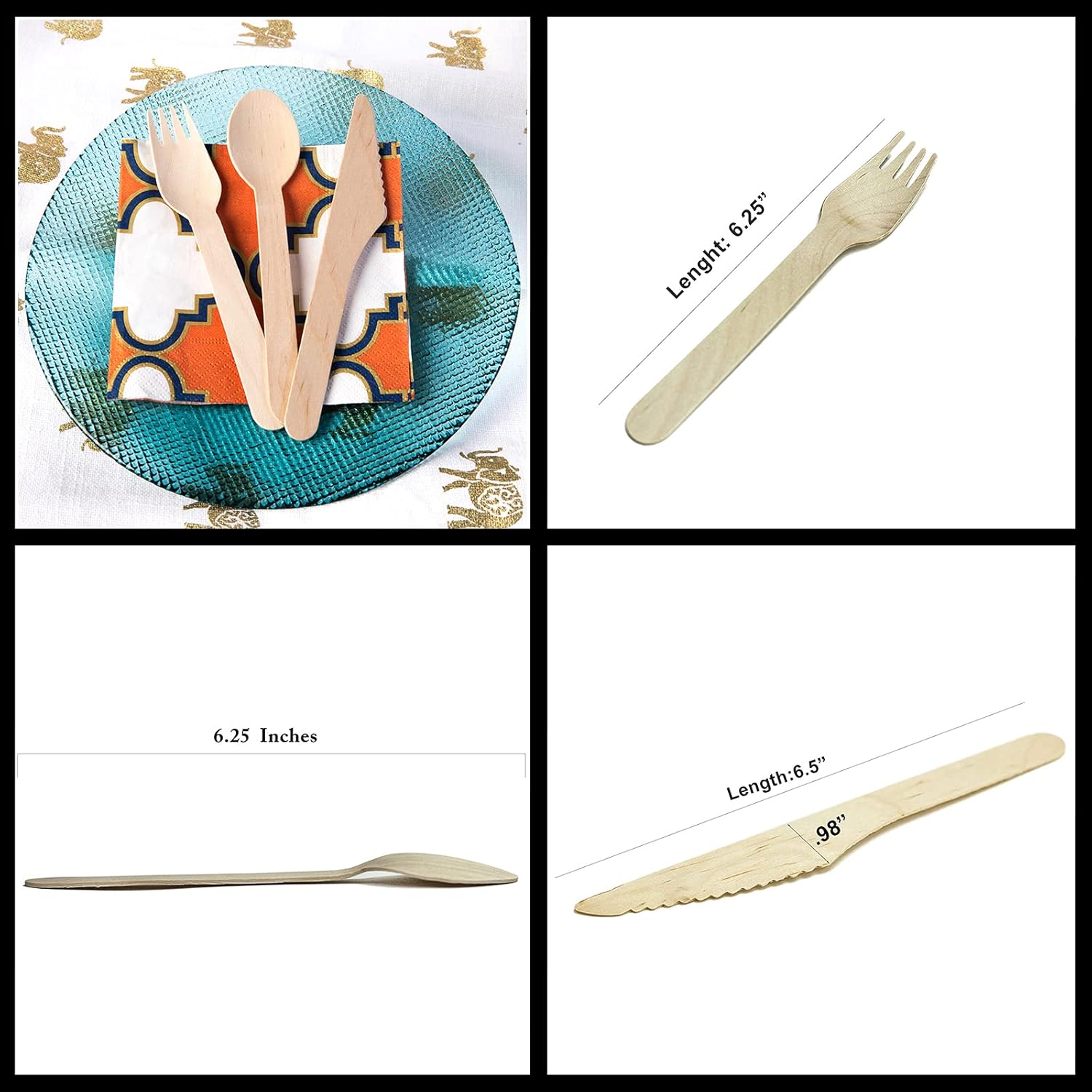 HUJI Disposable Wooden Cutlery Set | All Natural 100% Eco-Friendly Biodegradable Compostable | 50 Spoons 50 Forks 50 Knives | For Birthday Party Events Holiday Family Gathering Camping BBQ Picnics
